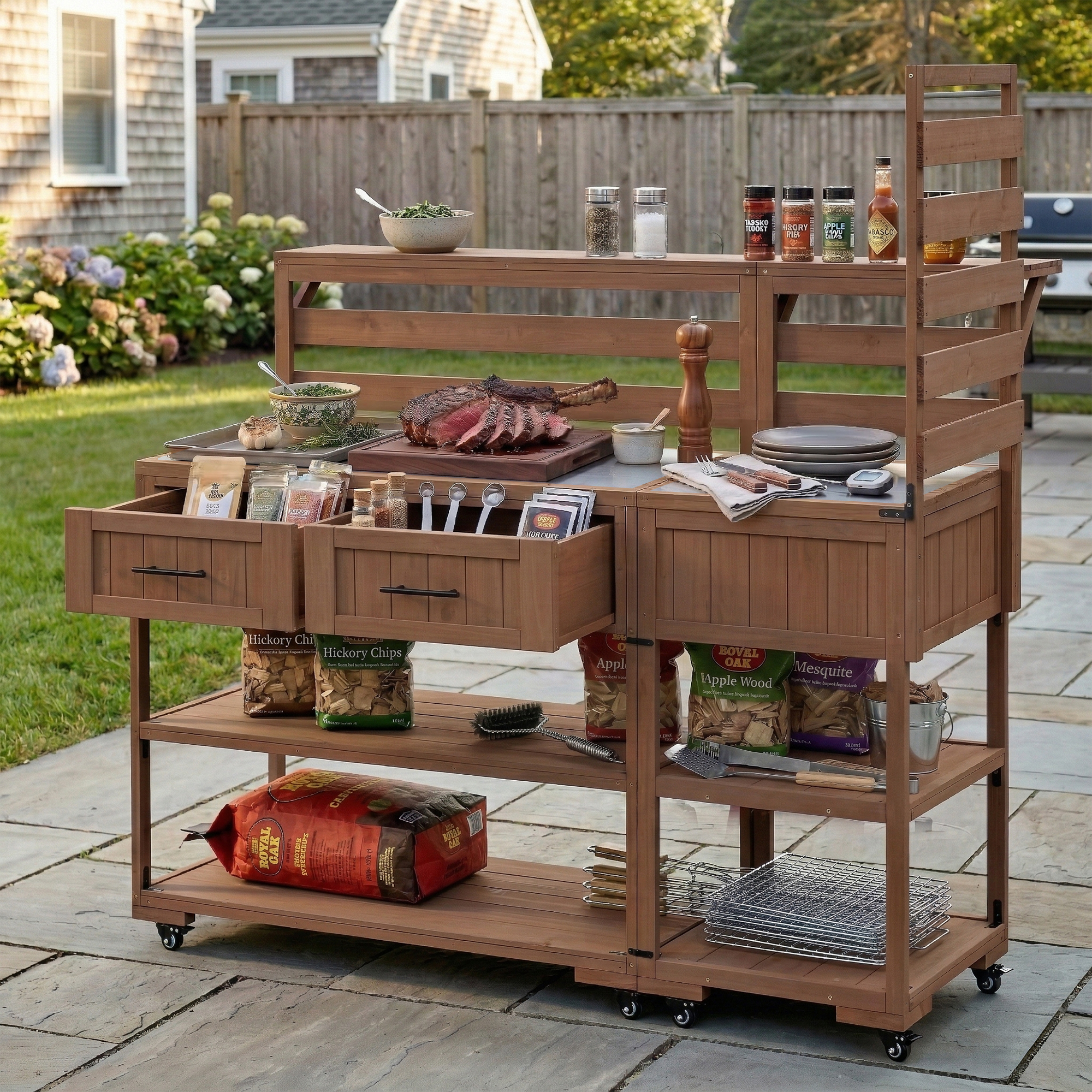 (With Assembly Video) TOPMAX 62.3” Patio Kitchen Island Solid Wood Kitchen Cart with Stainless Table Top, Garden Potting Bench with Raised Shelf and Drawers, Grill Prep Table for BBQ, Party, Brown