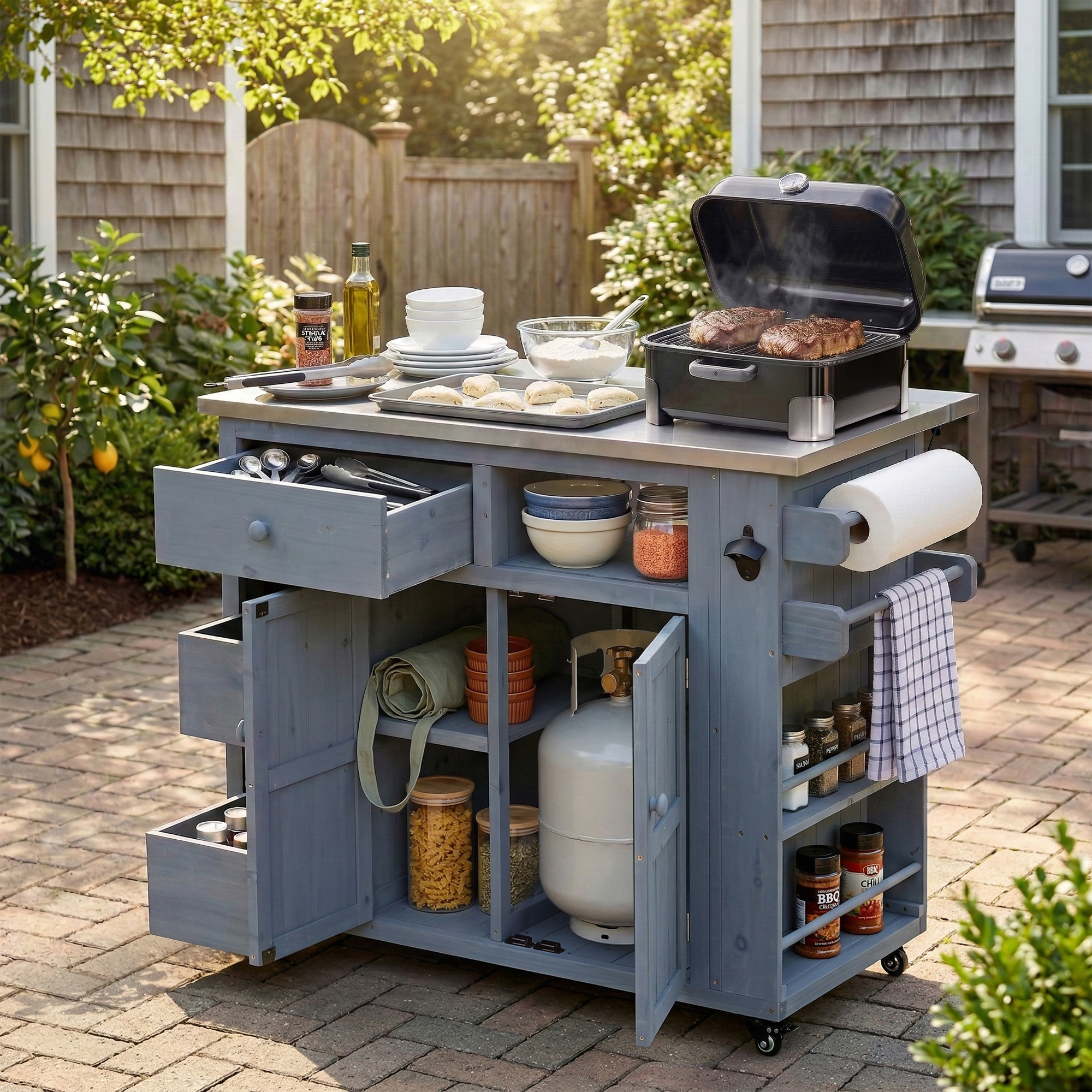 TOPMAX Outdoor Solid Wood Extendable 19.3”/28” Kitchen Island, Stainless Steel Top Grill Table with Side Spice Rack, Kitchen Cart with Drawers, Storage Cabinet for Backyard, BBQ,Party, Gray