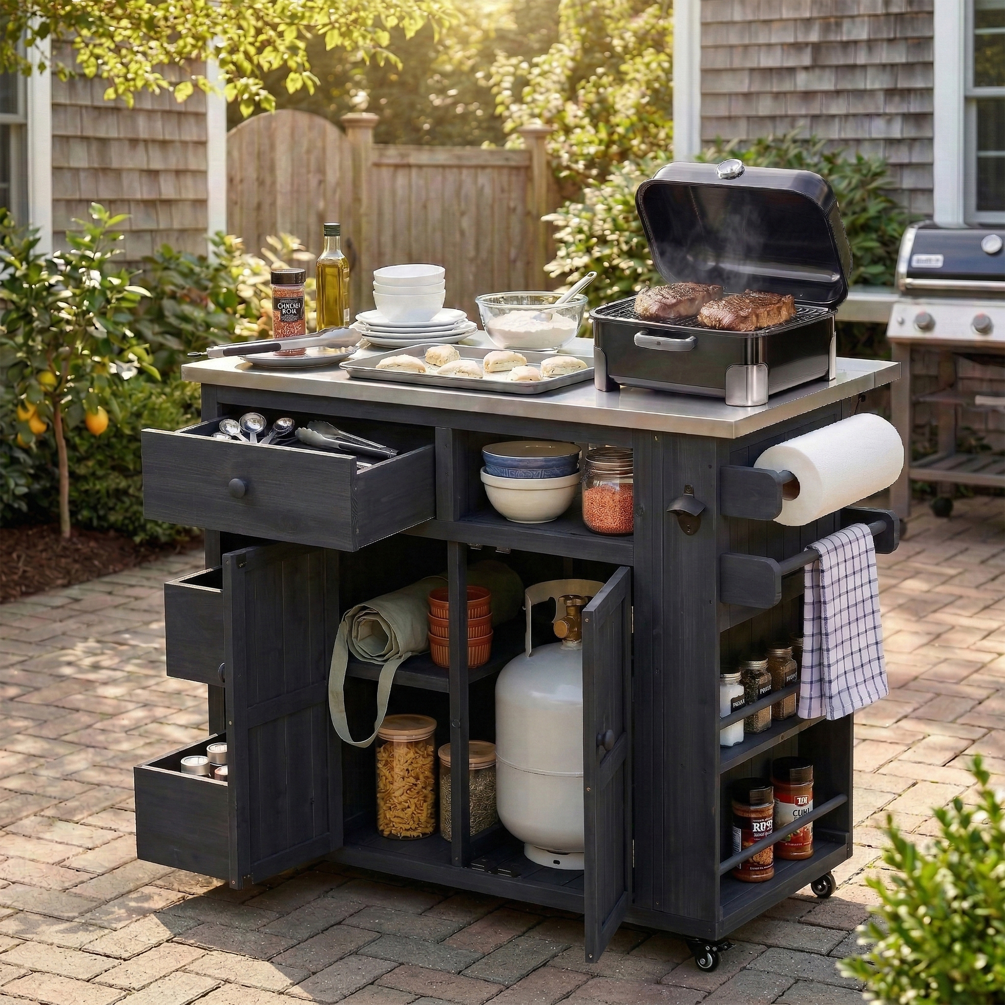 TOPMAX Outdoor Solid Wood Extendable 19.3”/28” Kitchen Island, Stainless Steel Top Grill Table with Side Spice Rack, Kitchen Cart with Drawers, Storage Cabinet for Backyard, BBQ,Party, Black