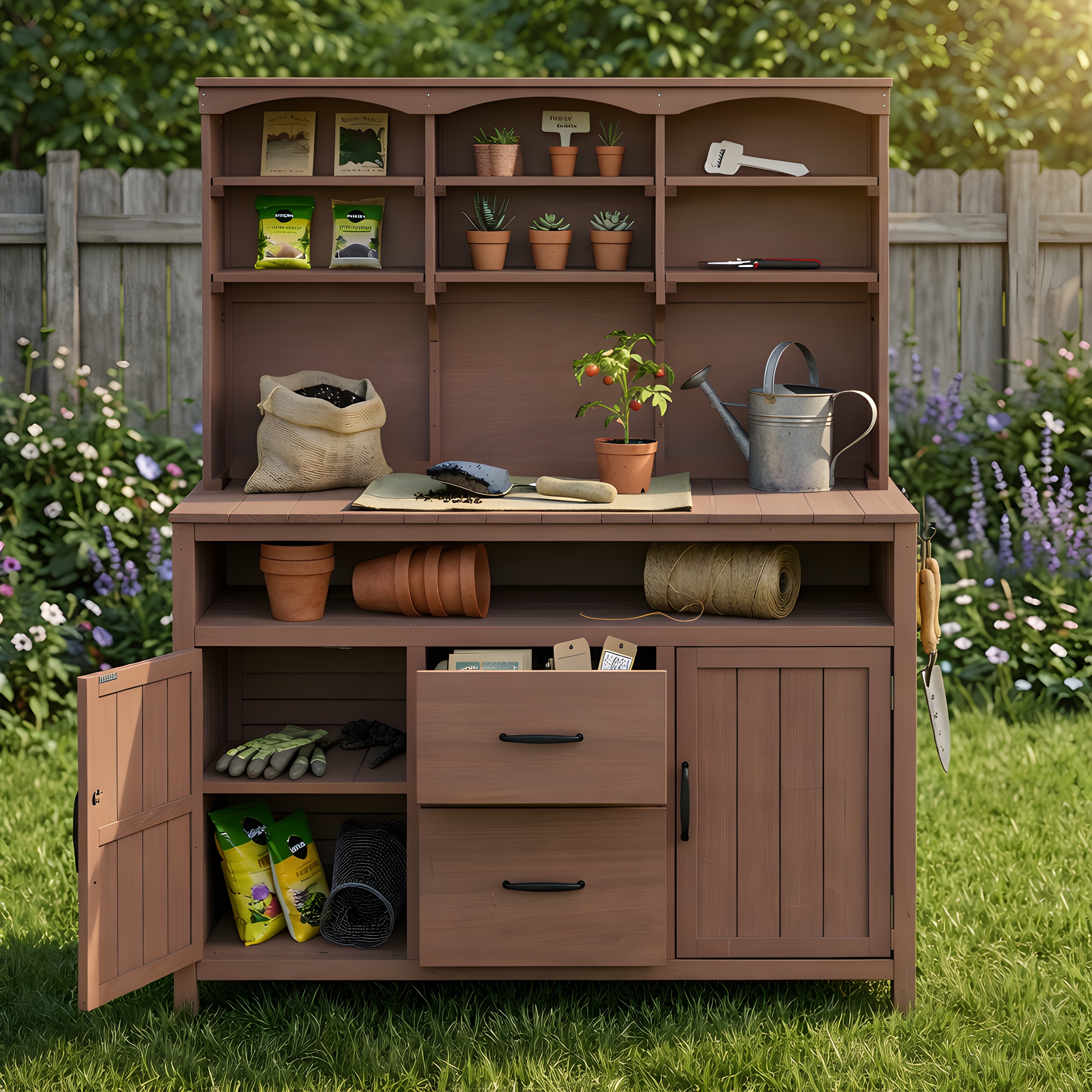 (With Assembly Video)TOPMAX Large Fir Wood Potting Bench, 45.3”L Multi-Functional Outdoor Patio Kitchen Island with Hutch, Cabinets, Drawers & Hooks , Large Countertop for Gardening, Grill, Brown