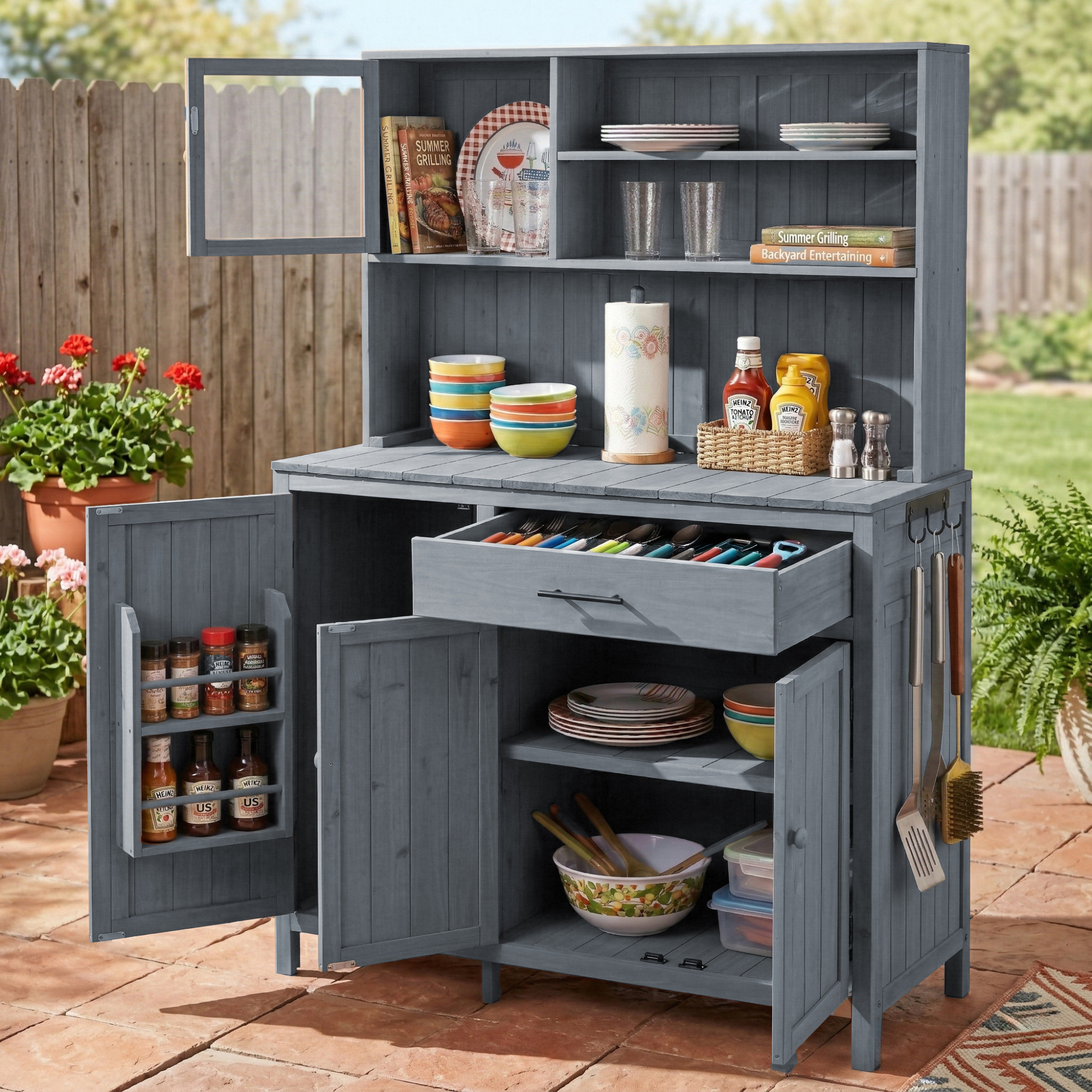 (With Assembly Video) TOPAMX Potting Bench with Hutch, 65″ H Solid Fir Wood Garden Workstation, Large Countertop, Patio Kitchen Island with Adjustable Shelves, Spice Rack, Side Hook and Drawer, Gray