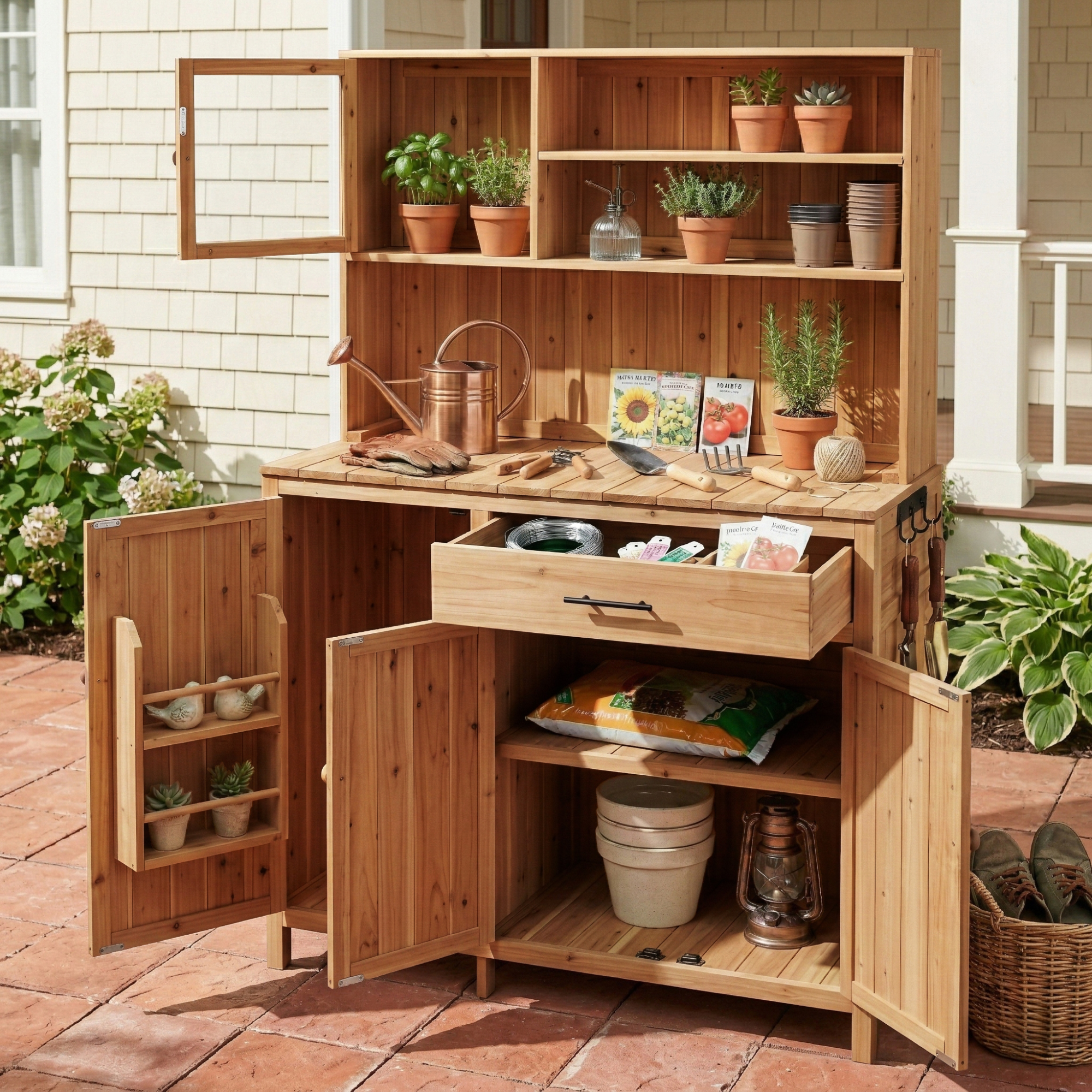 (With Assembly Video) TOPAMX Potting Bench with Hutch,65″ H Solid Fir Wood Garden Workstation, Large Countertop, Patio Kitchen Island with Adjustable Shelves, Spice Rack, Side Hook and Drawer, Natural