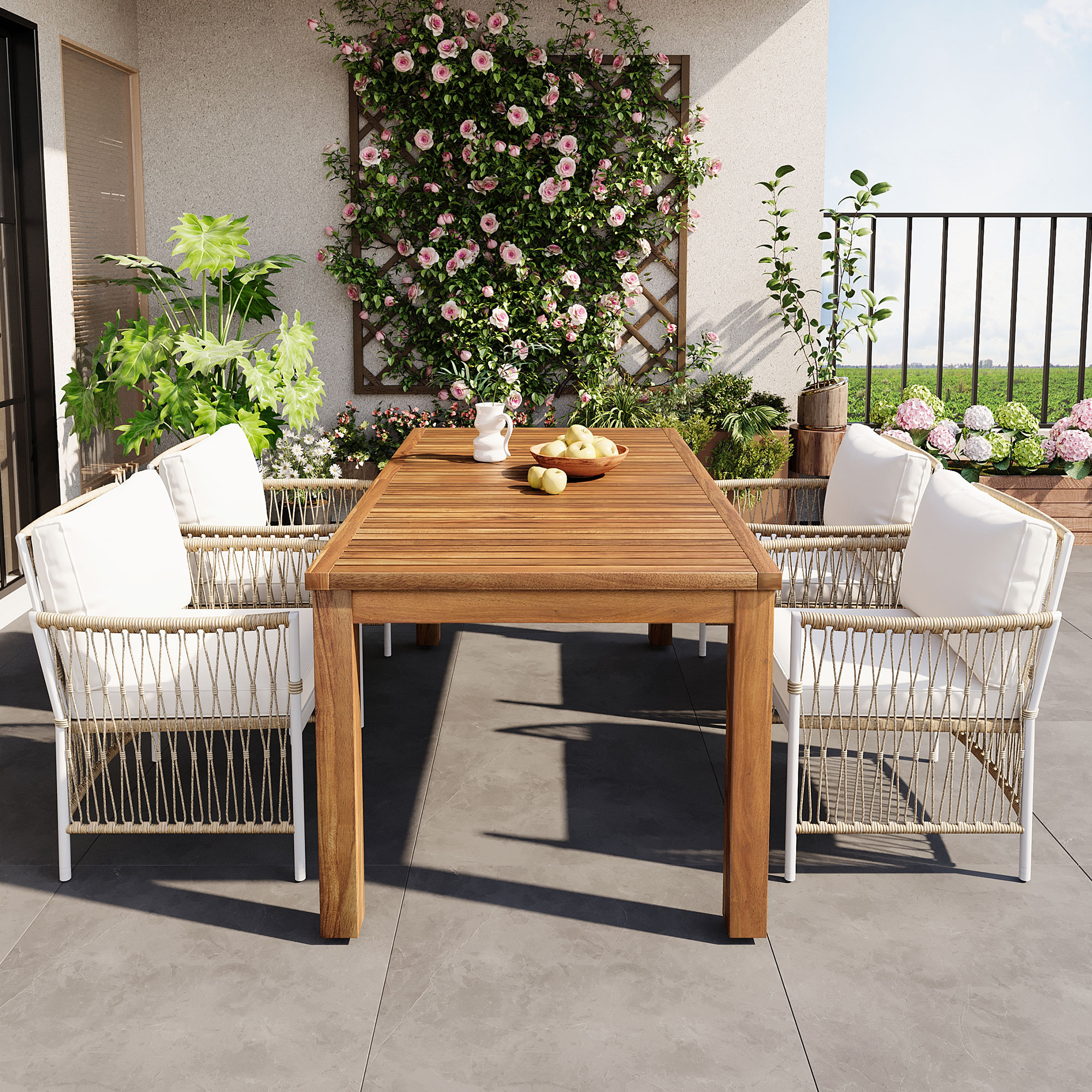 TOPMAX Patio 5pcs Wooden Dining Table Set, Outdoor 67”L Rectangular Table with 4 Rattan Arm Chairs for Poolside, Backyard, Garden, Natural
