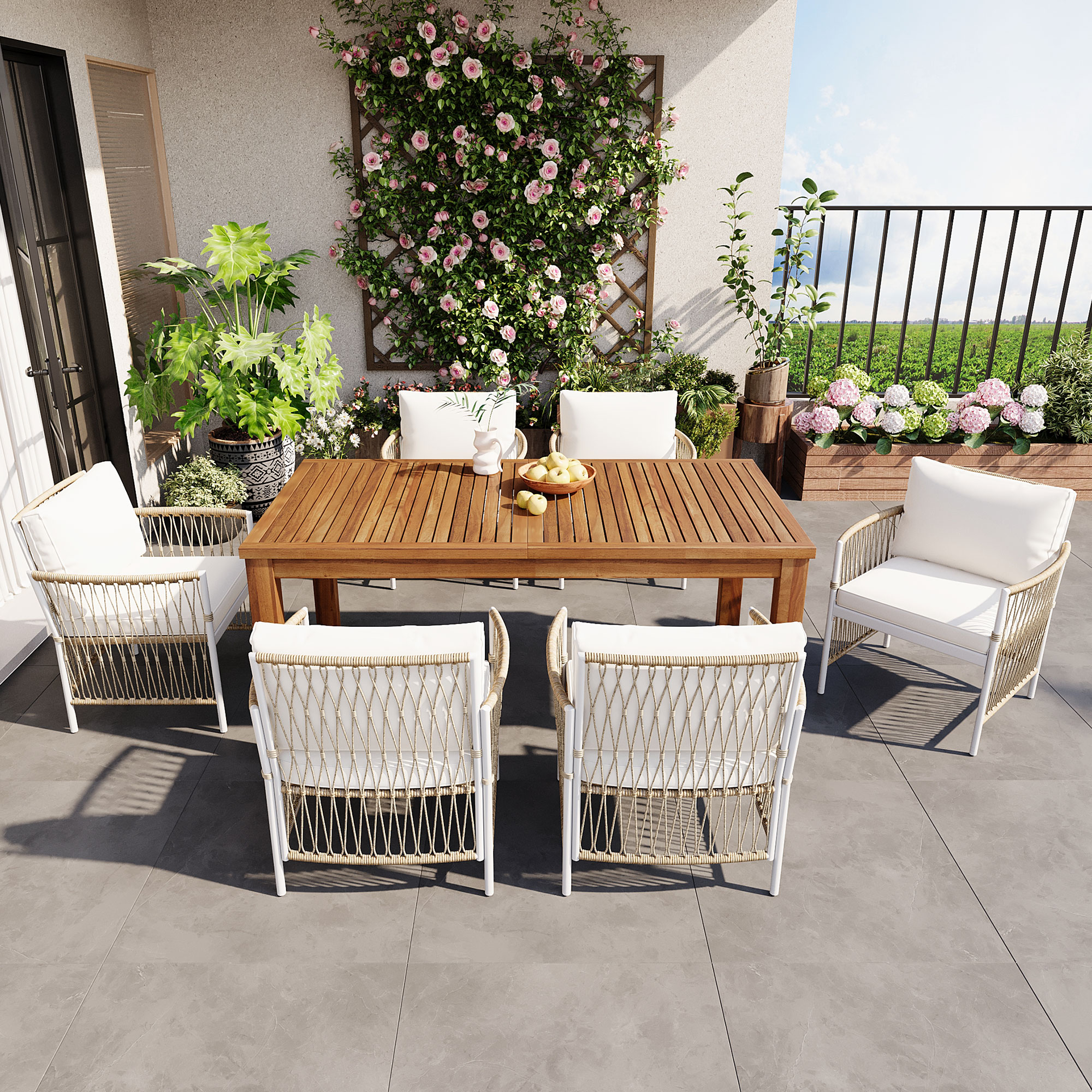 TOPMAX Patio 7pcs Wooden Dining Table Set, Outdoor 67”L Rectangular Table with 6 Rattan Arm Chairs for Poolside, Backyard, Garden, Natural