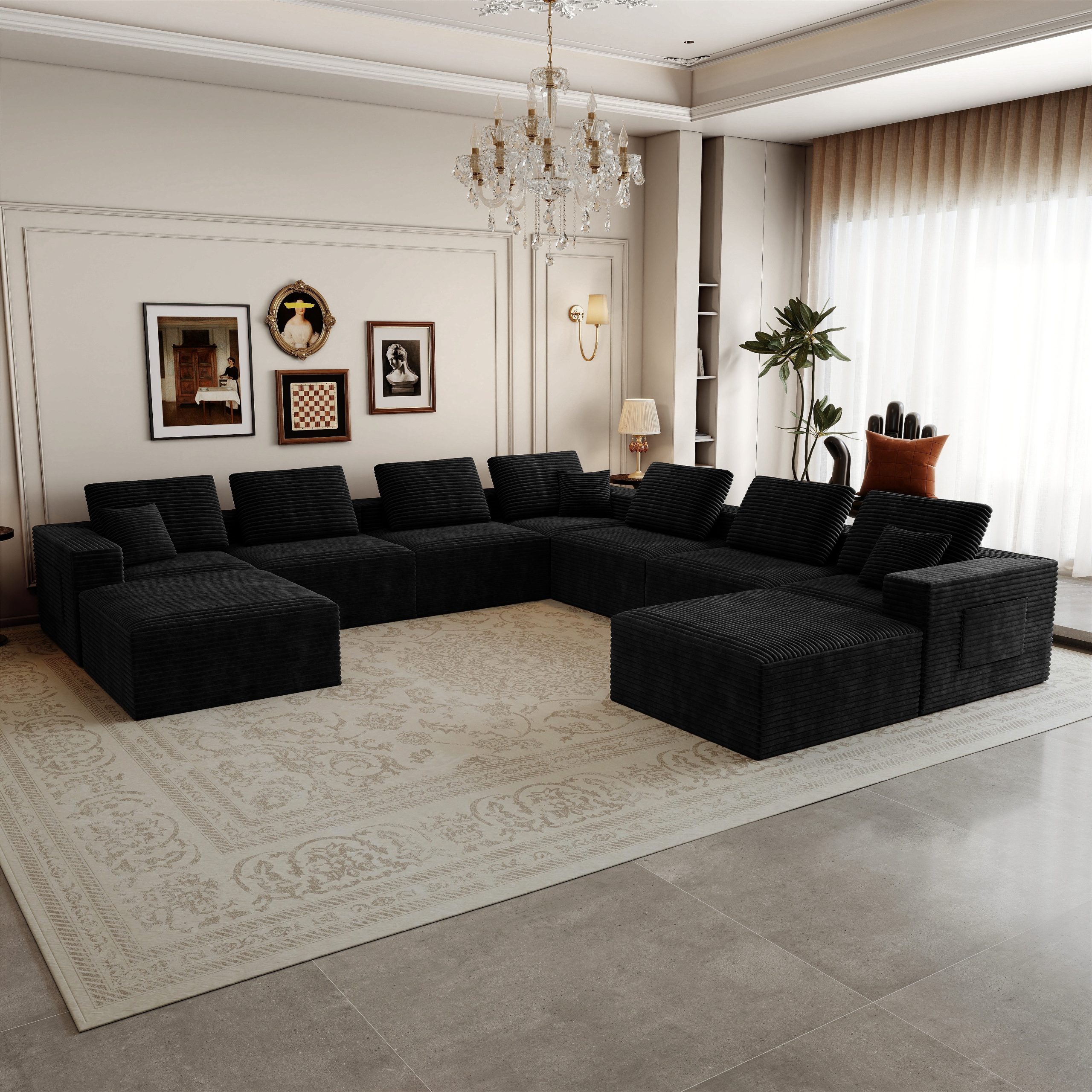 141.73*141.73″Modular sectional sofa seat,Upholstered compressed couch for living room,Bedroom,Apartment,No assembly required,9 PC free combination,Plush corduroy fabric,BLACK