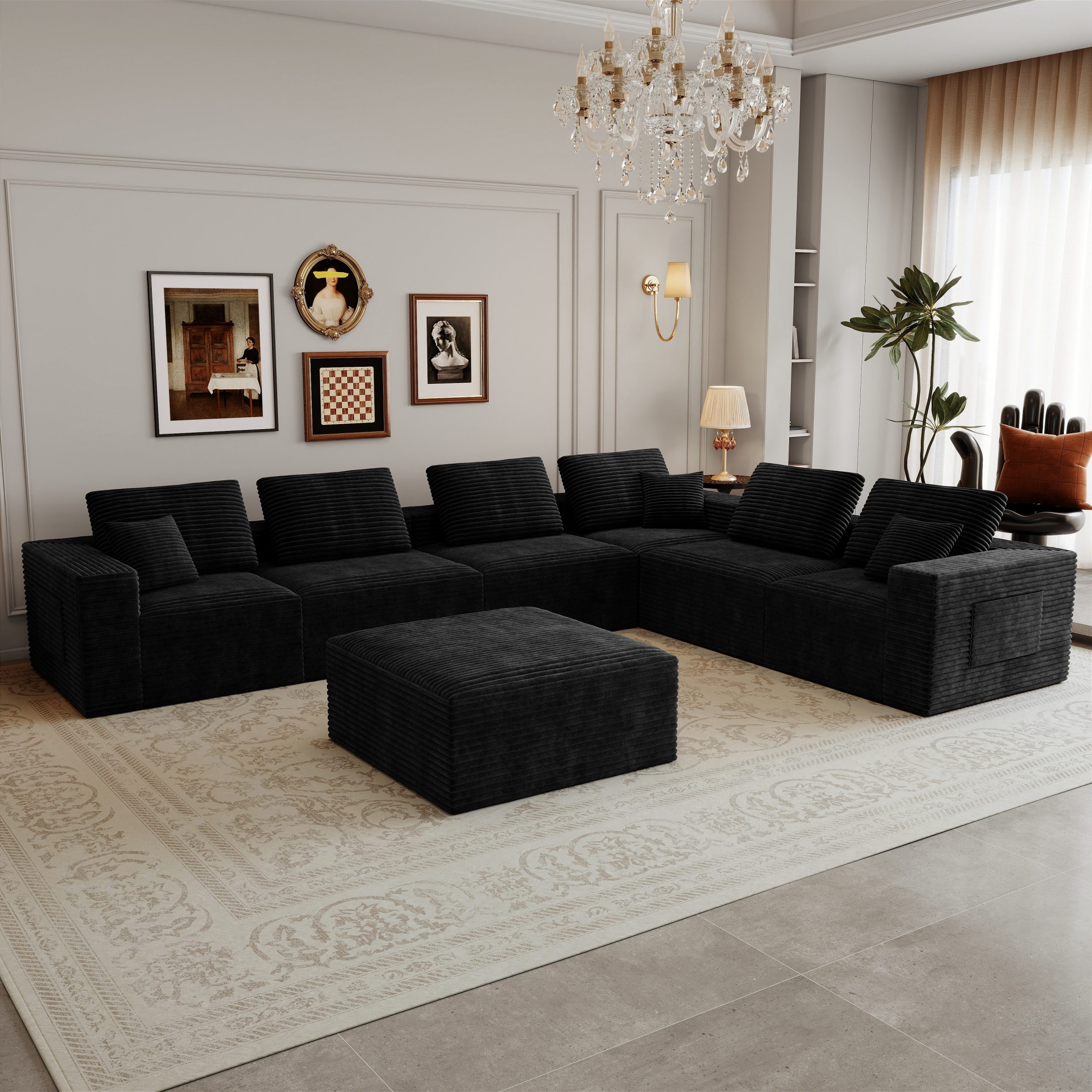 141.73*106.3″Modular sectional sofa seat,Upholstered compressed couch for living room,Bedroom,Apartment,No assembly required,7 PC free combination,Plush corduroy fabric,BLACK