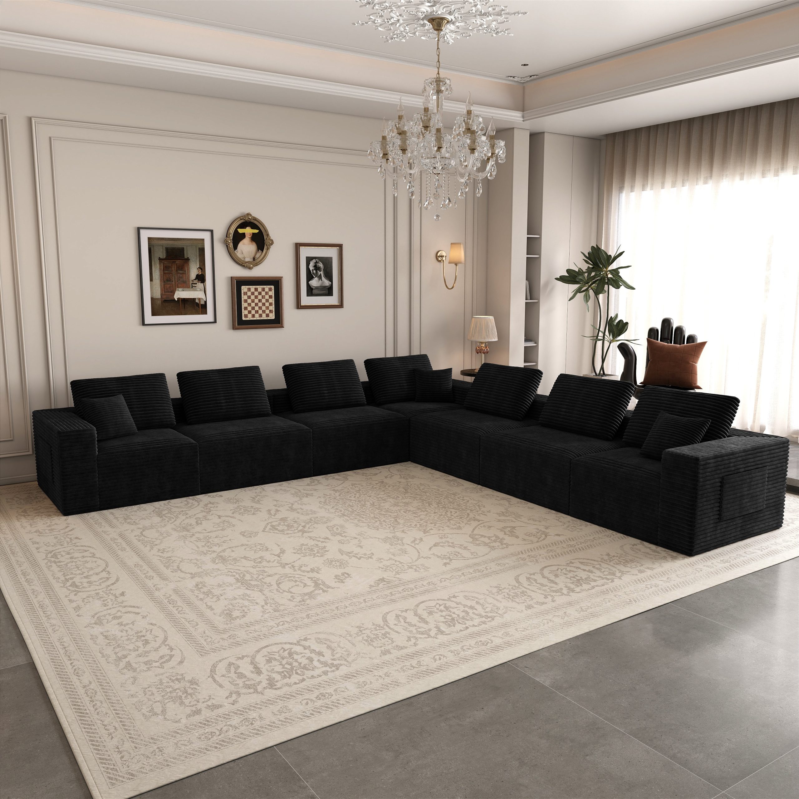 141.73*141.73″Modular sectional sofa seat,Upholstered compressed couch for living room,Bedroom,Apartment,No assembly required,7 PC free combination,Plush corduroy fabric,BLACK
