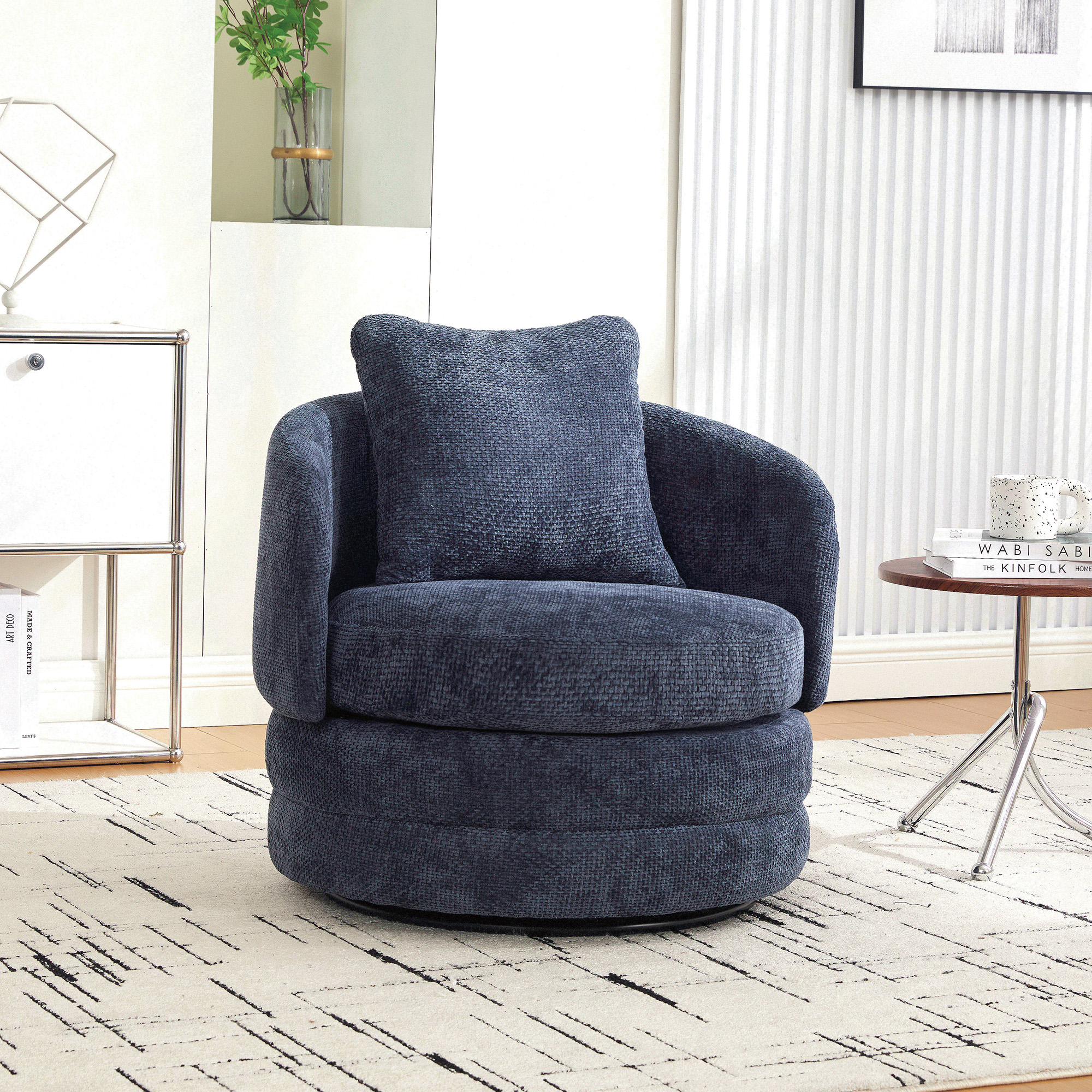 30″W Modern Round 360° Swivel Barrel Accent Chair with Pillow, Chenille Upholstered Comfy Barrel Armchair Single Club Sofa Chair for Living Room,Bedroom, Reading Room, Balcony, Lounge, Navy