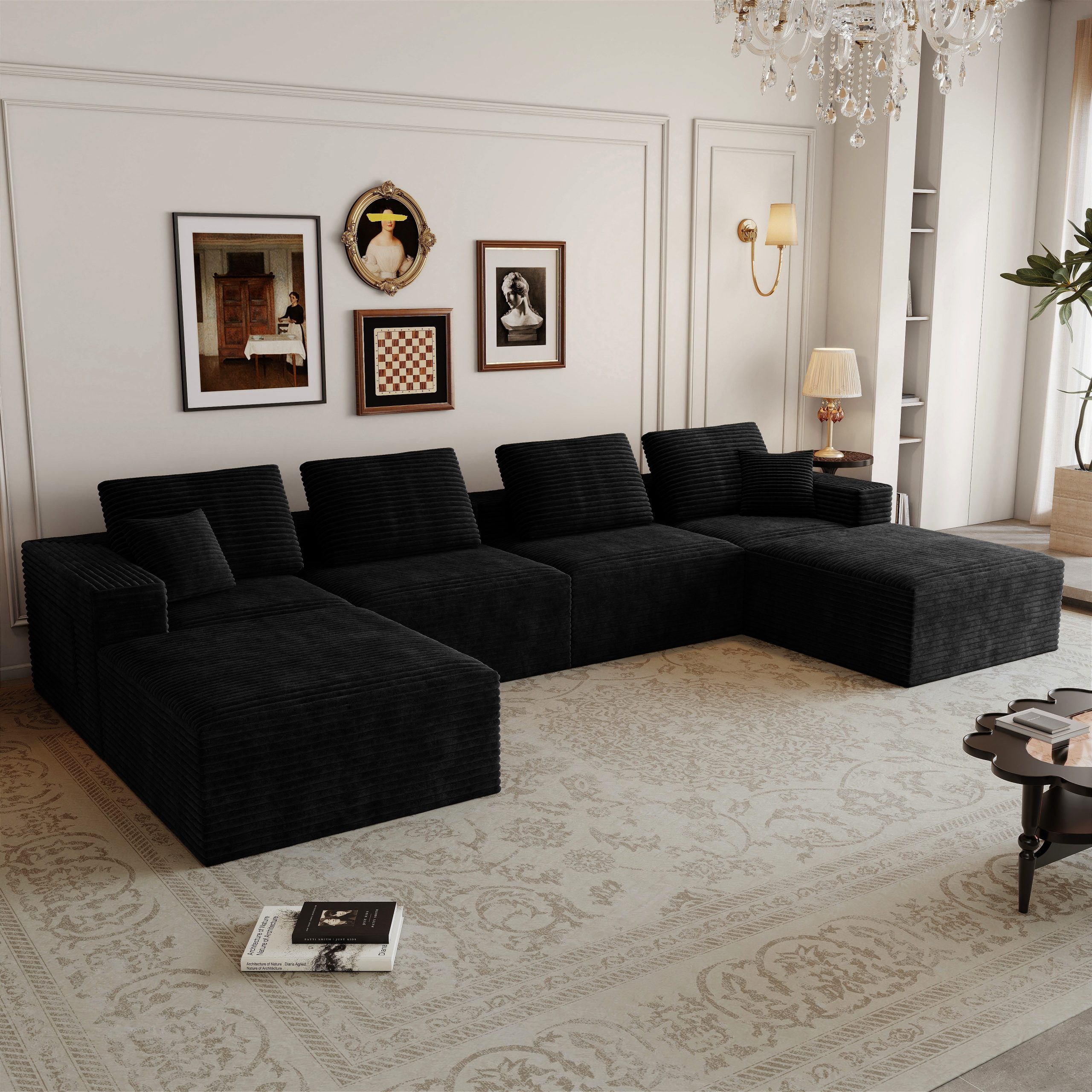 141.73*70.87″Modular sectional sofa seat,Upholstered compressed couch for living room,Bedroom,Apartment,No assembly required,6 PC free combination,Plush corduroy fabric,BLACK