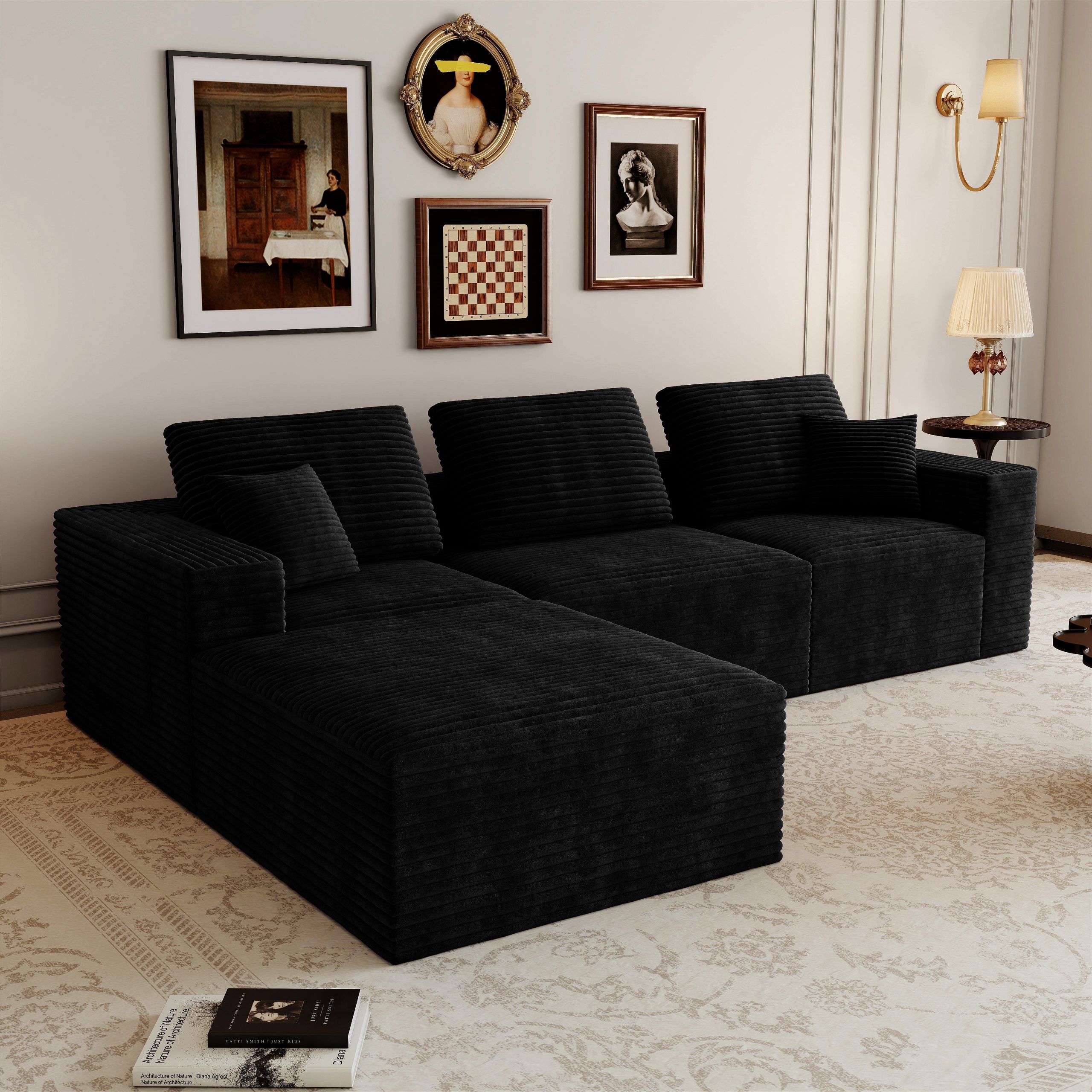 106.30*70.87″Modular sectional sofa seat,Upholstered compressed couch for living room,Bedroom,Apartment,No assembly required,4 PC free combination,Plush corduroy fabric,BLACK