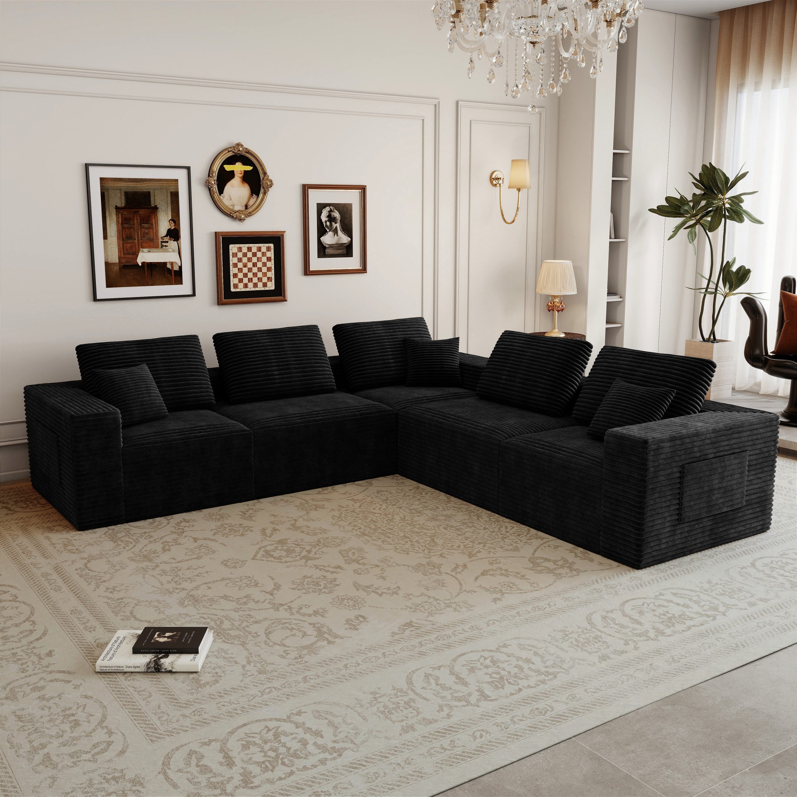 106.30*106.30″Modular sectional sofa seat,Upholstered compressed couch for living room,Bedroom,Apartment,No assembly required,5 PC free combination,Plush corduroy fabric,BLACK