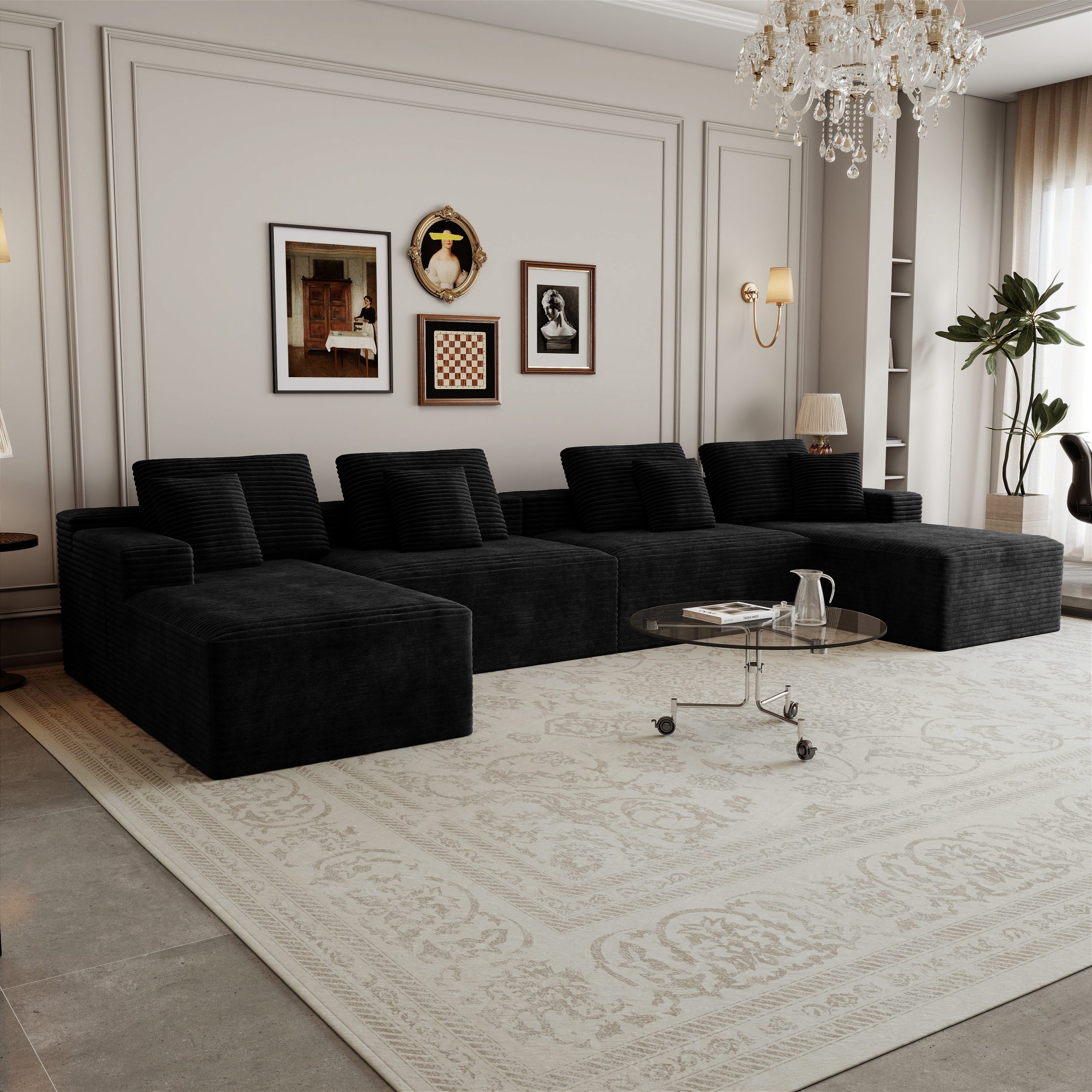 165.3*68.9″Modular sectional sofa seat,Upholstered compressed couch for living room,Bedroom,Apartment,No assembly required,8PC free combination,Plush corduroy fabric,BLACK