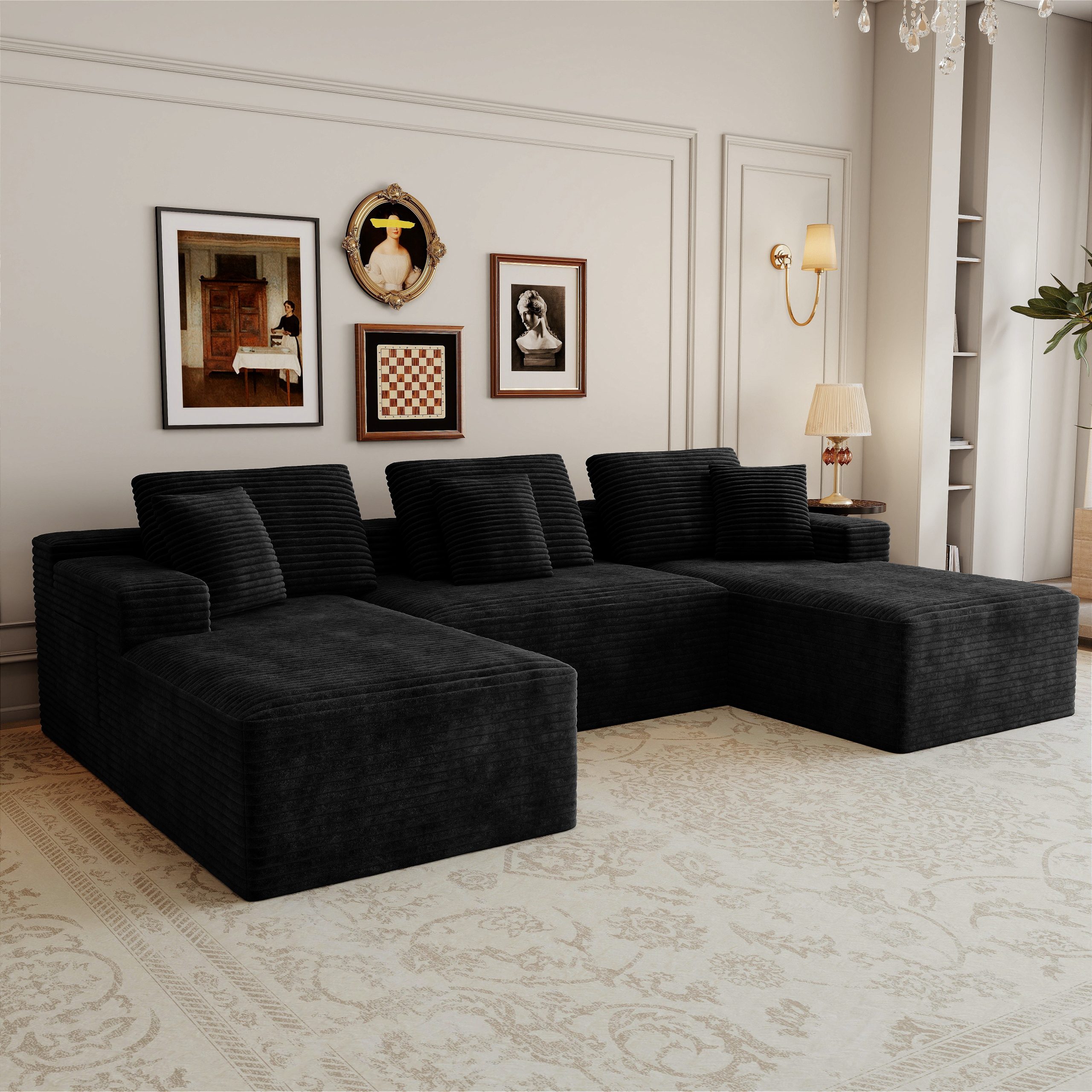 118.1*68.9″Modular sectional sofa seat,Upholstered compressed couch for living room,Bedroom,Apartment,No assembly required,6PC free combination,Plush corduroy fabric,BLACK