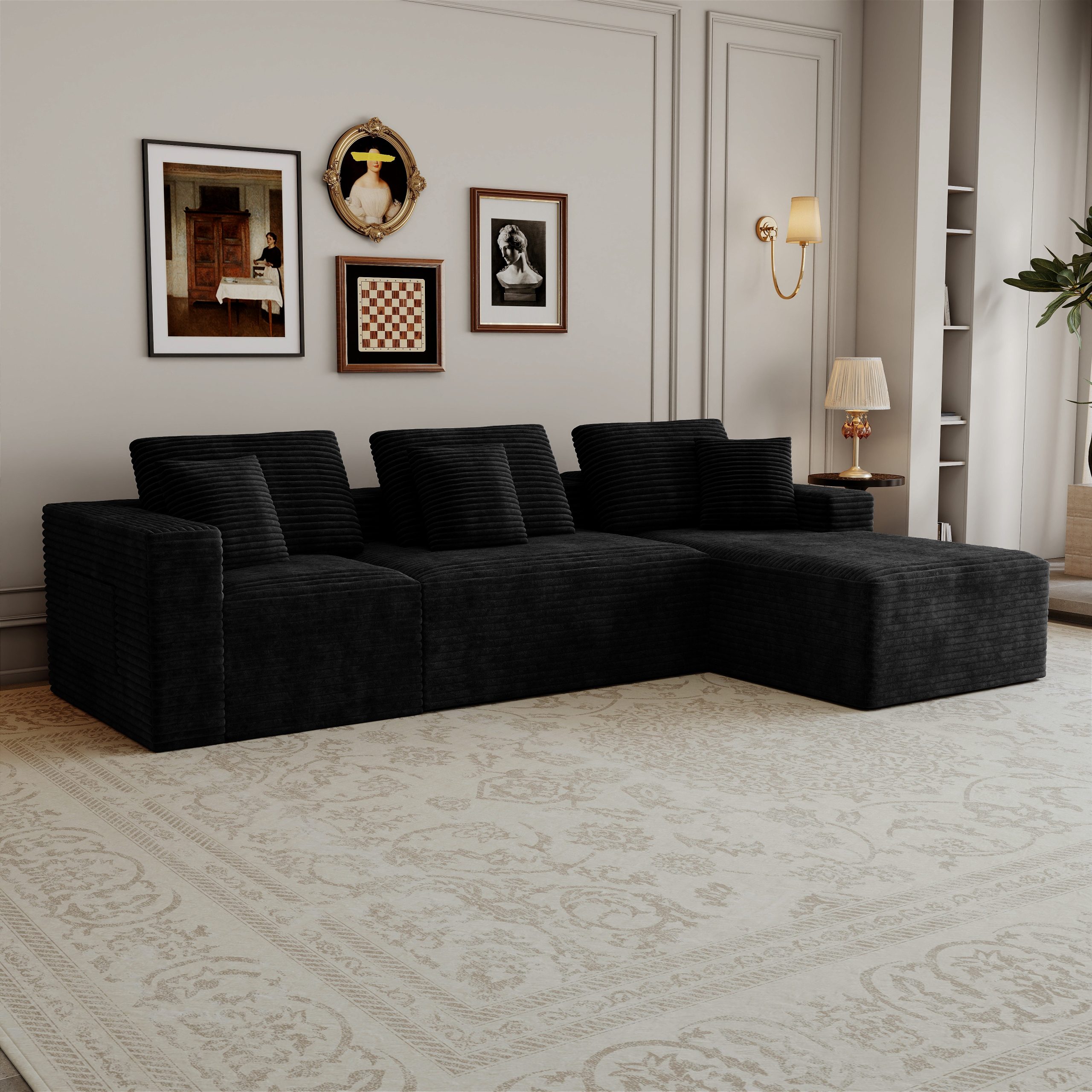 118.1*68.9″Modular sectional sofa seat,Upholstered compressed couch for living room,Bedroom,Apartment,No assembly required,5PC free combination,Plush corduroy fabric,BLACK