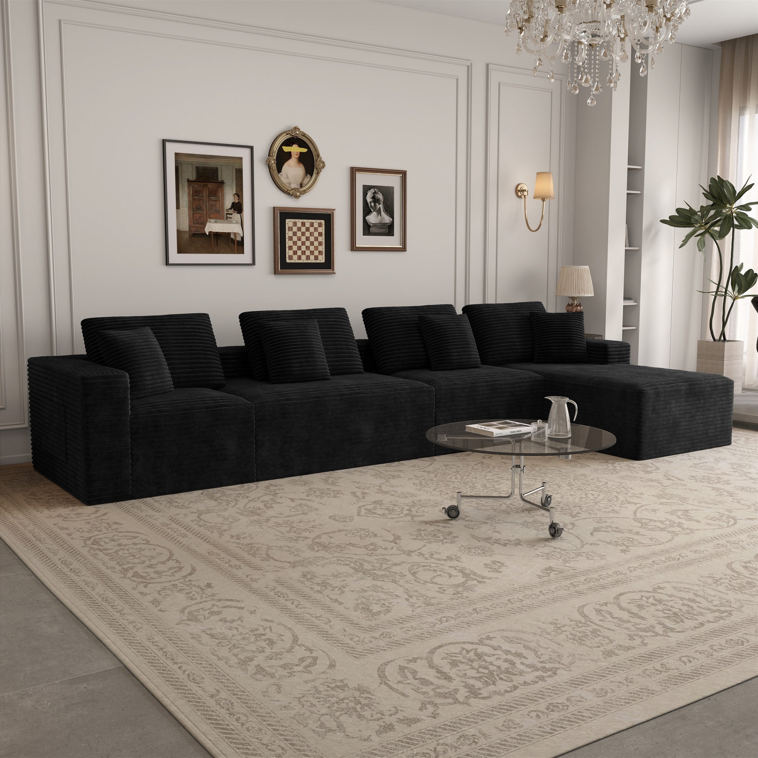 153.5*68.9″Modular sectional sofa seat,Upholstered compressed couch for living room,Bedroom,Apartment,No assembly required,6PC free combination,Plush corduroy fabric,BLACK