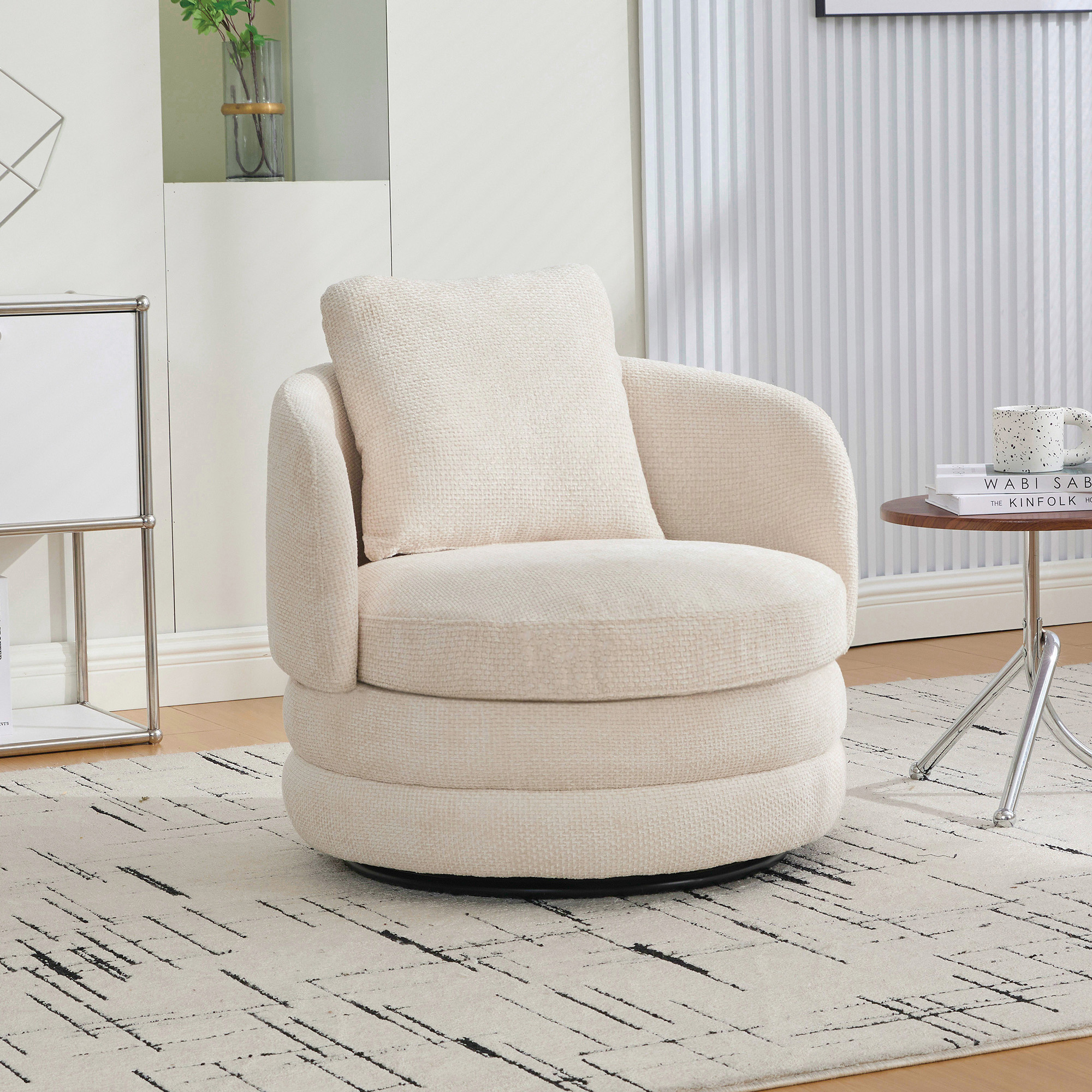 30″W Modern Round 360° Swivel Barrel Accent Chair with Pillow, Chenille Upholstered Comfy Barrel Armchair Single Club Sofa Chair for Living Room,Bedroom, Reading Room, Balcony, Lounge,Beige