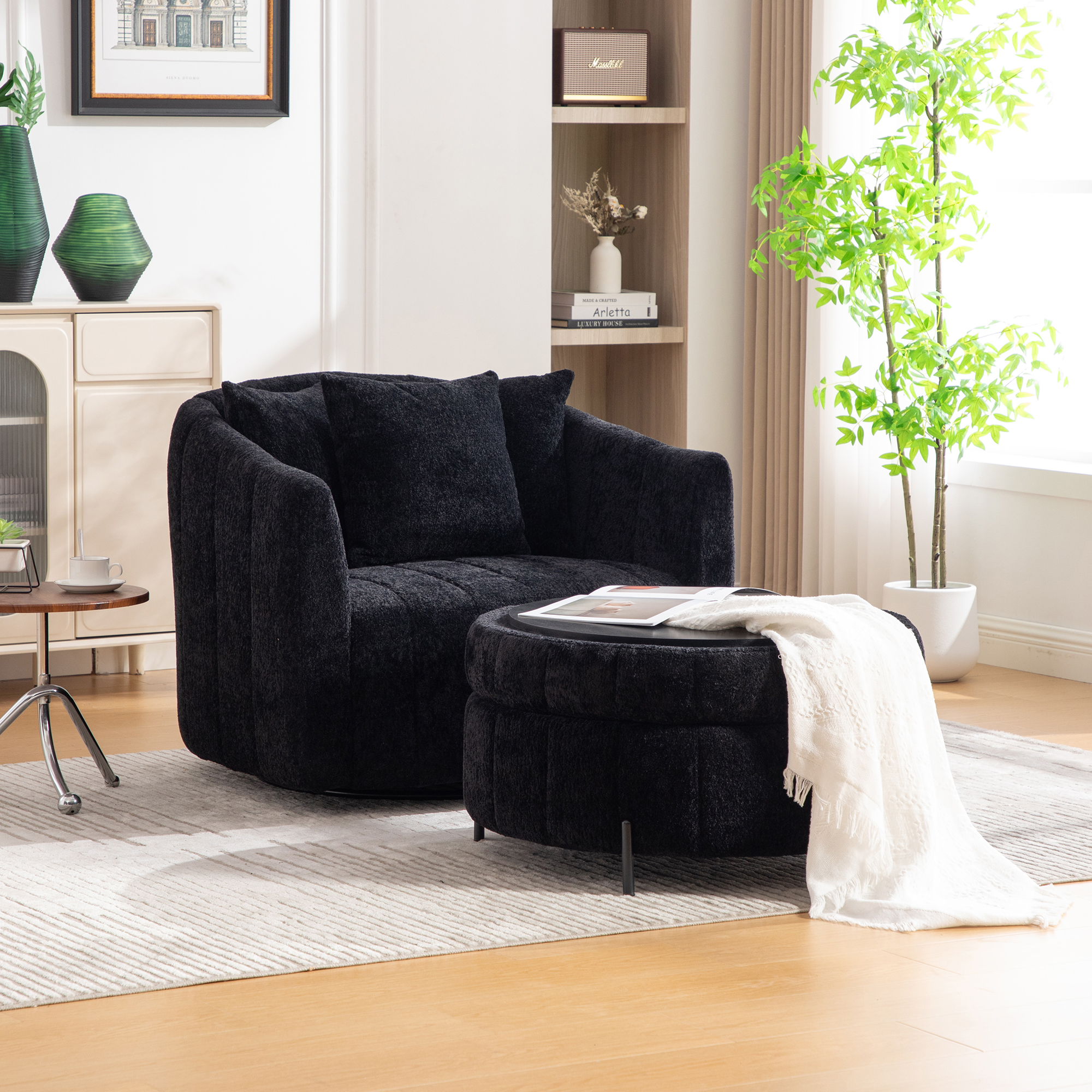 39″W Oversized 360° Swivel Accent Barrel Chair and Half Sofa with Round Ottoman Set, Chenille Channel Tufted Pumpkin Club Armchair & Pillows with Storage Stool for Living Room, Bedroom, Lounge, Black