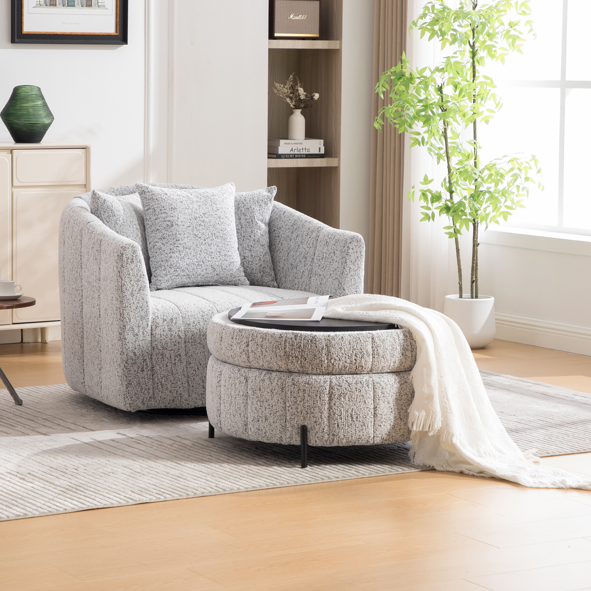 39″W Oversized 360° Swivel Accent Barrel Chair and Half Sofa with Round Ottoman, Chenille Channel Tufted Pumpkin Club Armchair Pillows with Storage Stool for Living Room, Bedroom, Lounge, White-Black