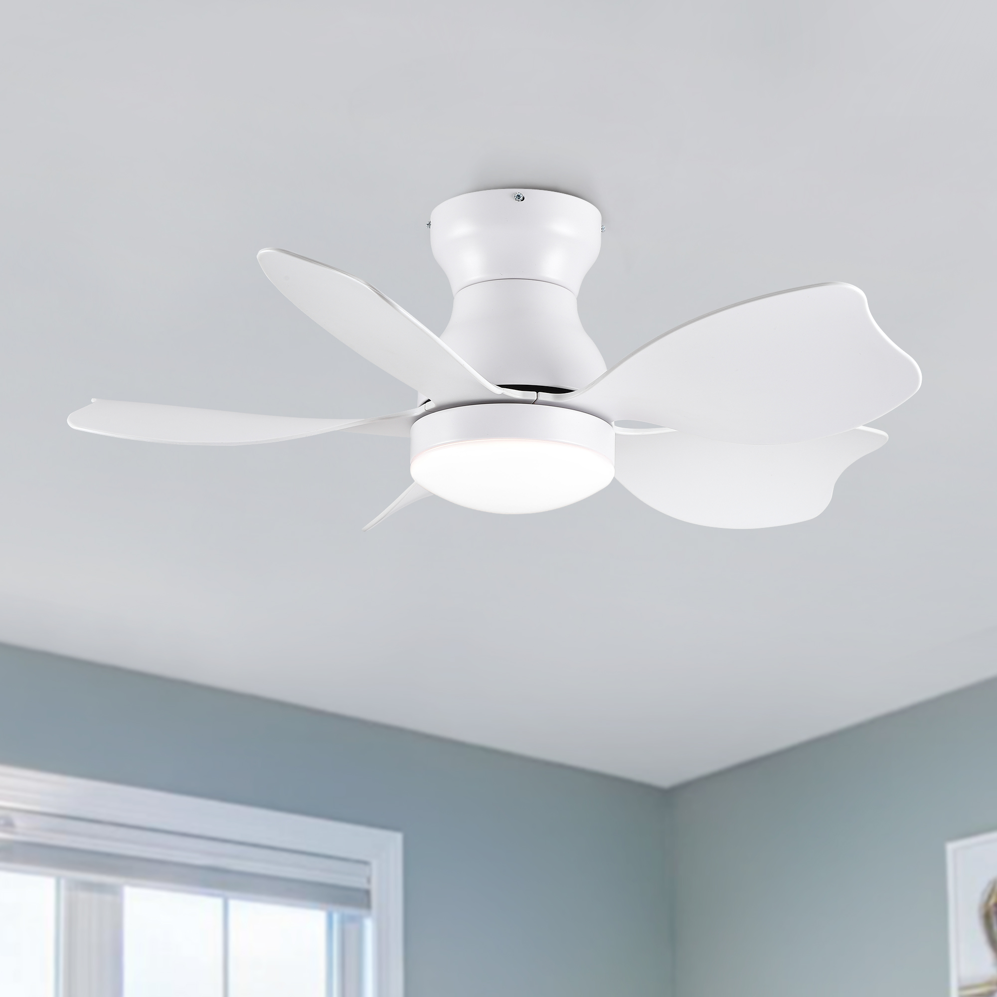 30” Modern Small Flush Mount White Ceiling Fan with Remote Contorl