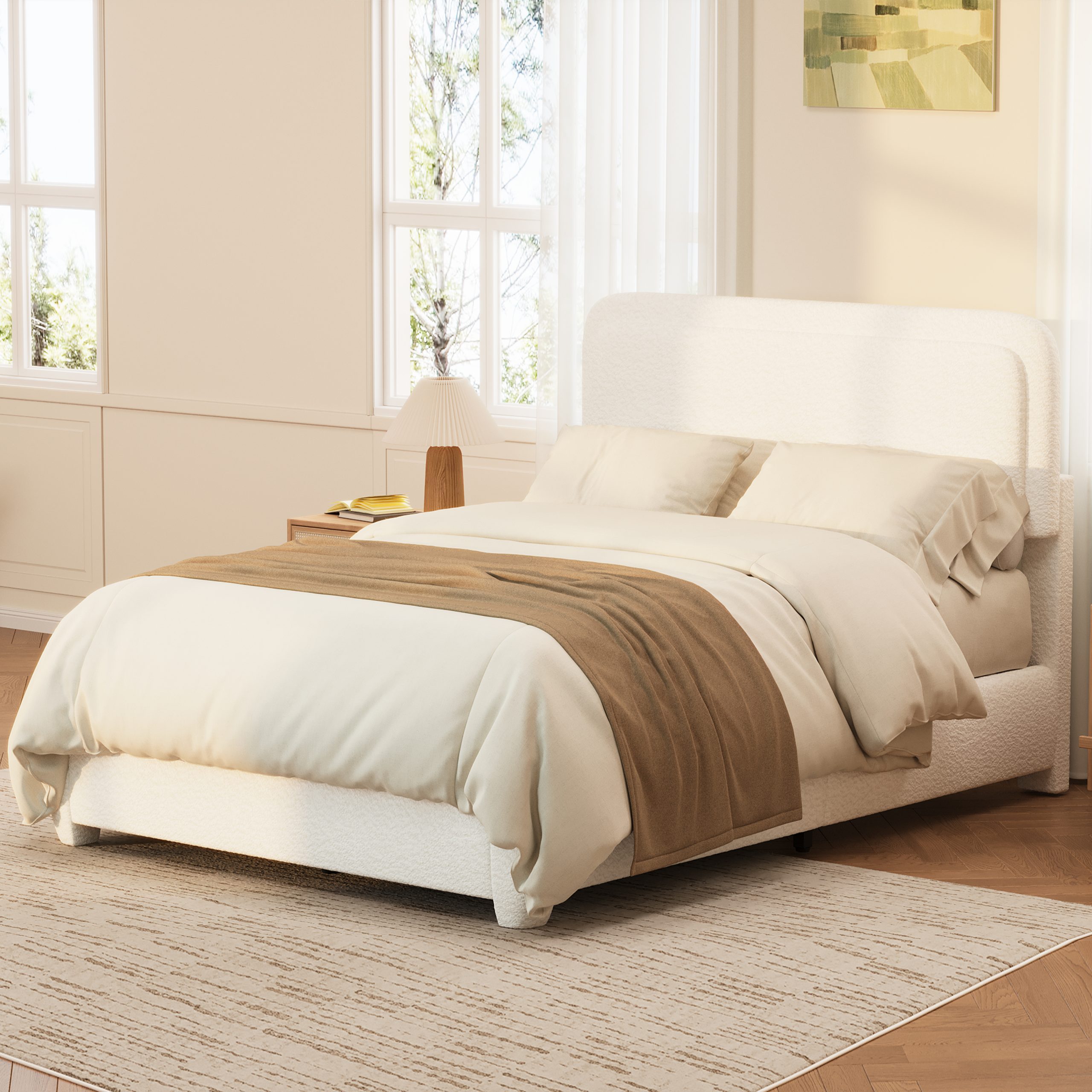Boucle Queen Bed Frame with Adjustable Height Headboard, Modern Platform Bed with Curved Cloud Headboard, Elegant Boucle Fabric Low Profile Platform Bed, No Box Spring Needed, Easy Assembly, White
