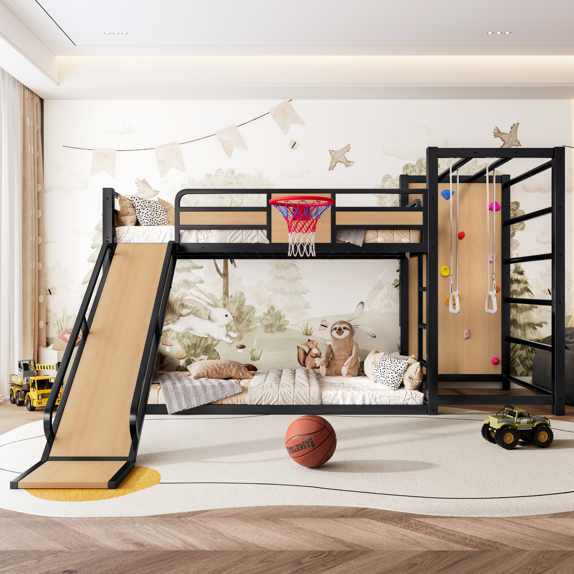 Twin size metal loft/bunk bed with basketball hoop, pull-up rings, climbing wall, and built-in bookshelves. Playful children’s design featuring a slide,Yellow
