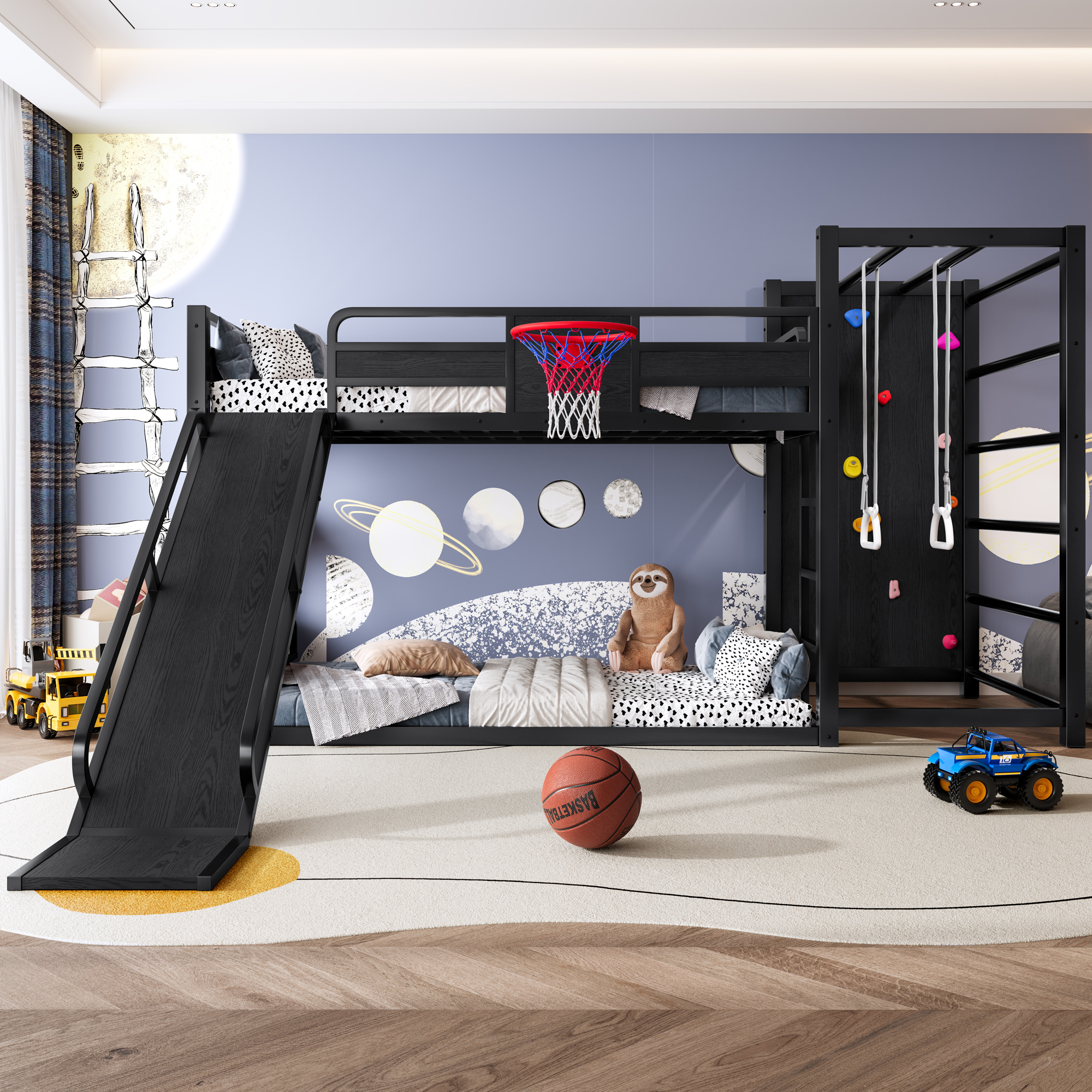 Twin size metal loft/bunk bed with basketball hoop, pull-up rings, climbing wall, and built-in bookshelves. Playful children’s design featuring a slide,Black.