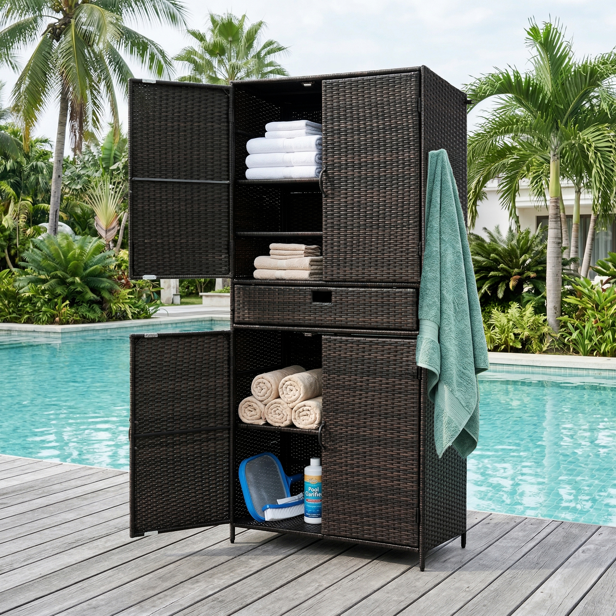 K&K 76.4″ Tall Wicker Outdoor Storage Cabinet with One Large Drawer, 4-Door Outdoor Rattan Vertical Storage Shed with Adjustable Shelves, Pool Storage Organizer for Garden, Backyard, Brown & Black