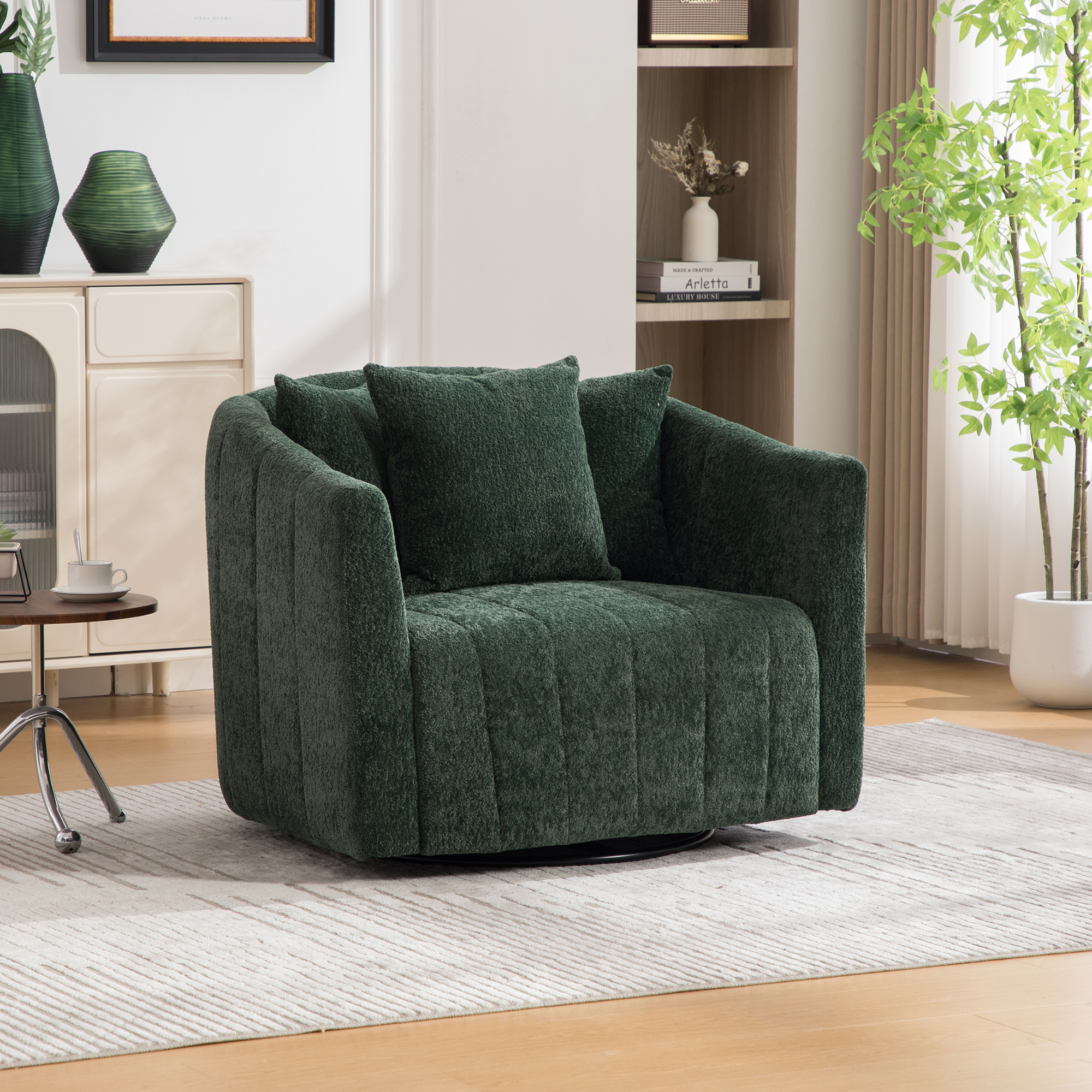 39″W Upholstered Oversized 360° Swivel Accent Barrel Chair and Half Cozy Sofa with 3 Pillows, Channel Tufted Pumpkin-Shape Club Armchair for Living Room, Bedroom, Office, Lounge, Chenille Green