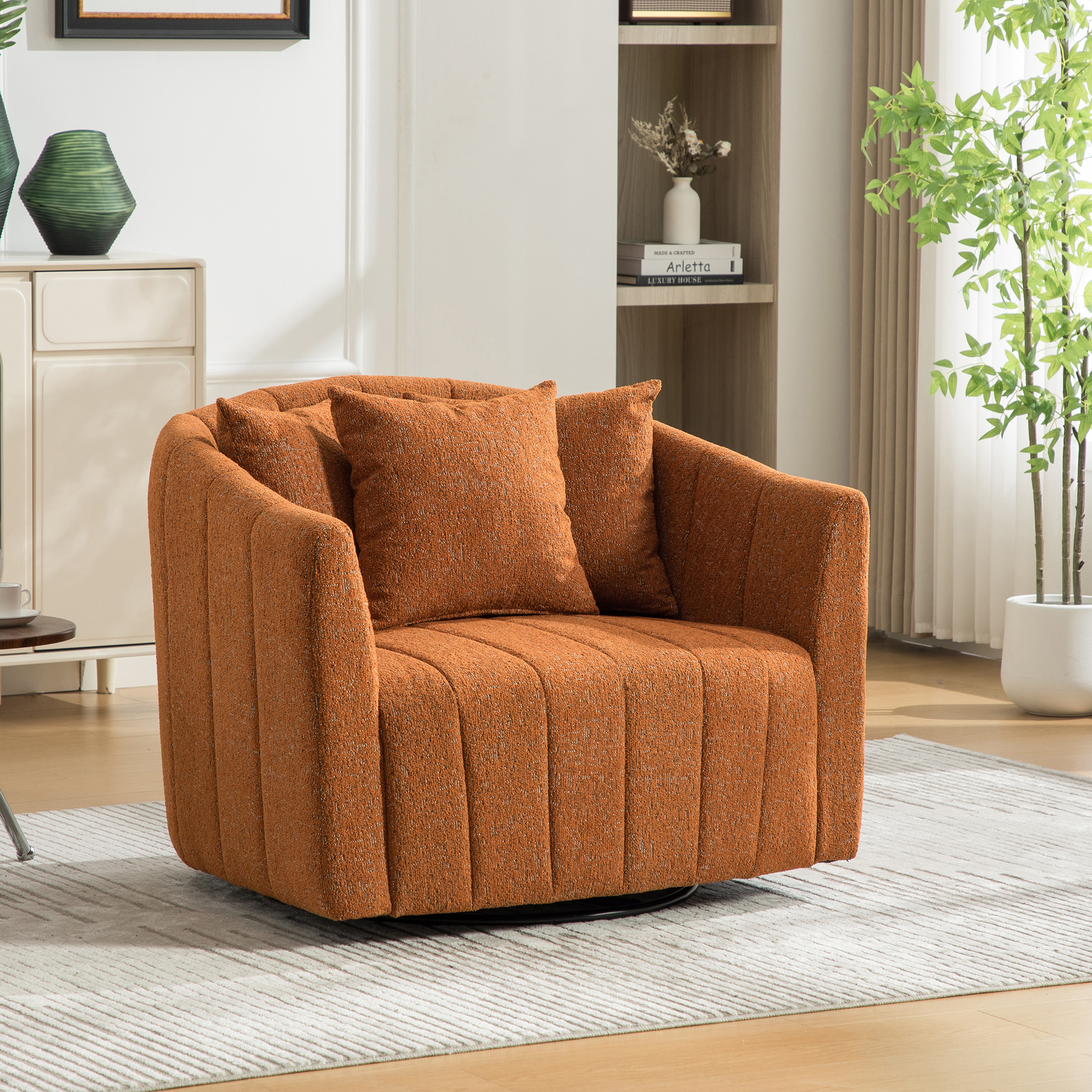 39″W Upholstered Oversized 360° Swivel Accent Barrel Chair and Half Cozy Sofa with 3 Pillows, Chenille Channel Tufted Pumpkin-Shape Club Armchair for Living Room, Bedroom, Office, Lounge,Orange