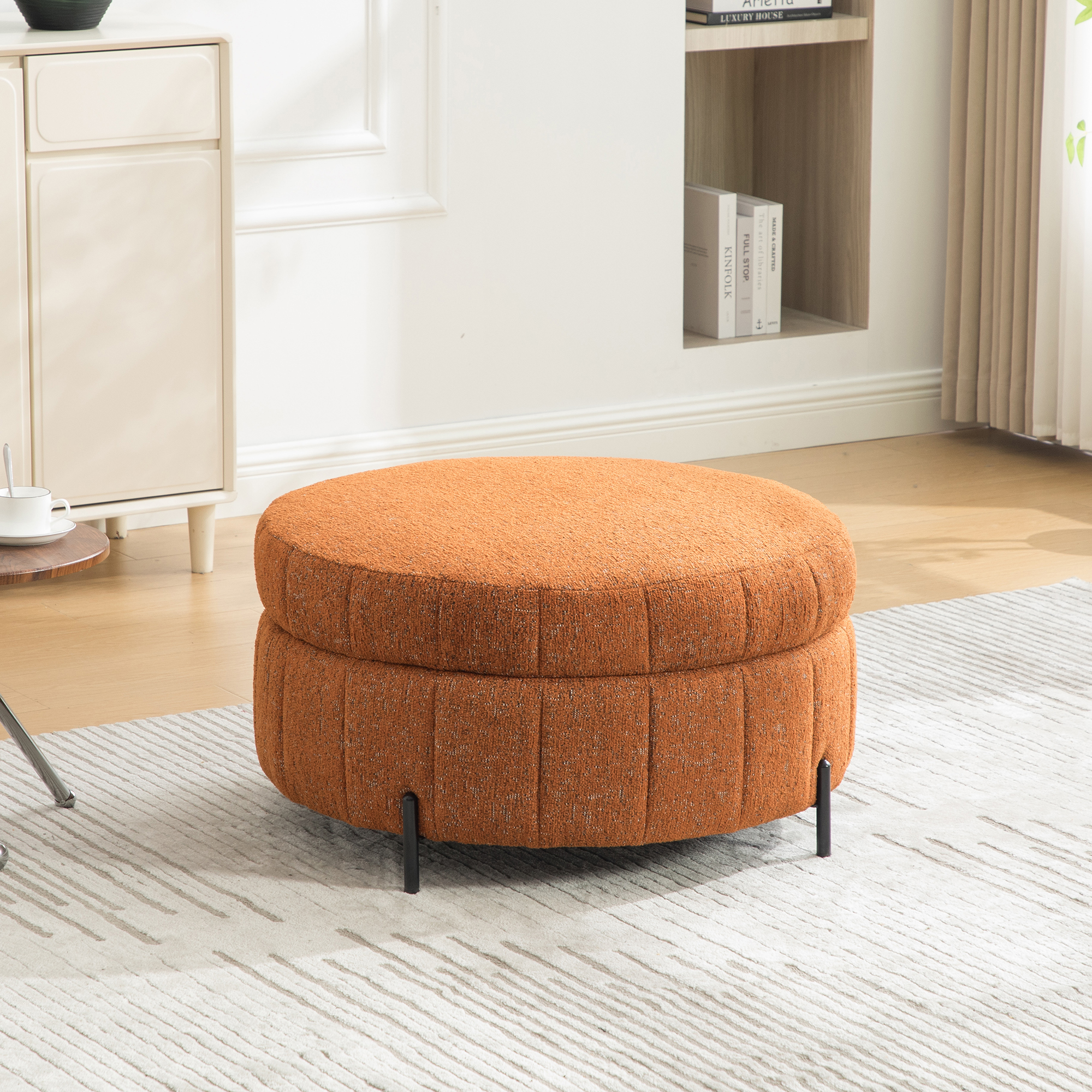 31.3″W Upholstered Round Ottoman With Reversible Lid, Chenille Storage Stool, Channel Tufted Pumpkin-shape Footstool for Living room, Bedroom and Office, Orange