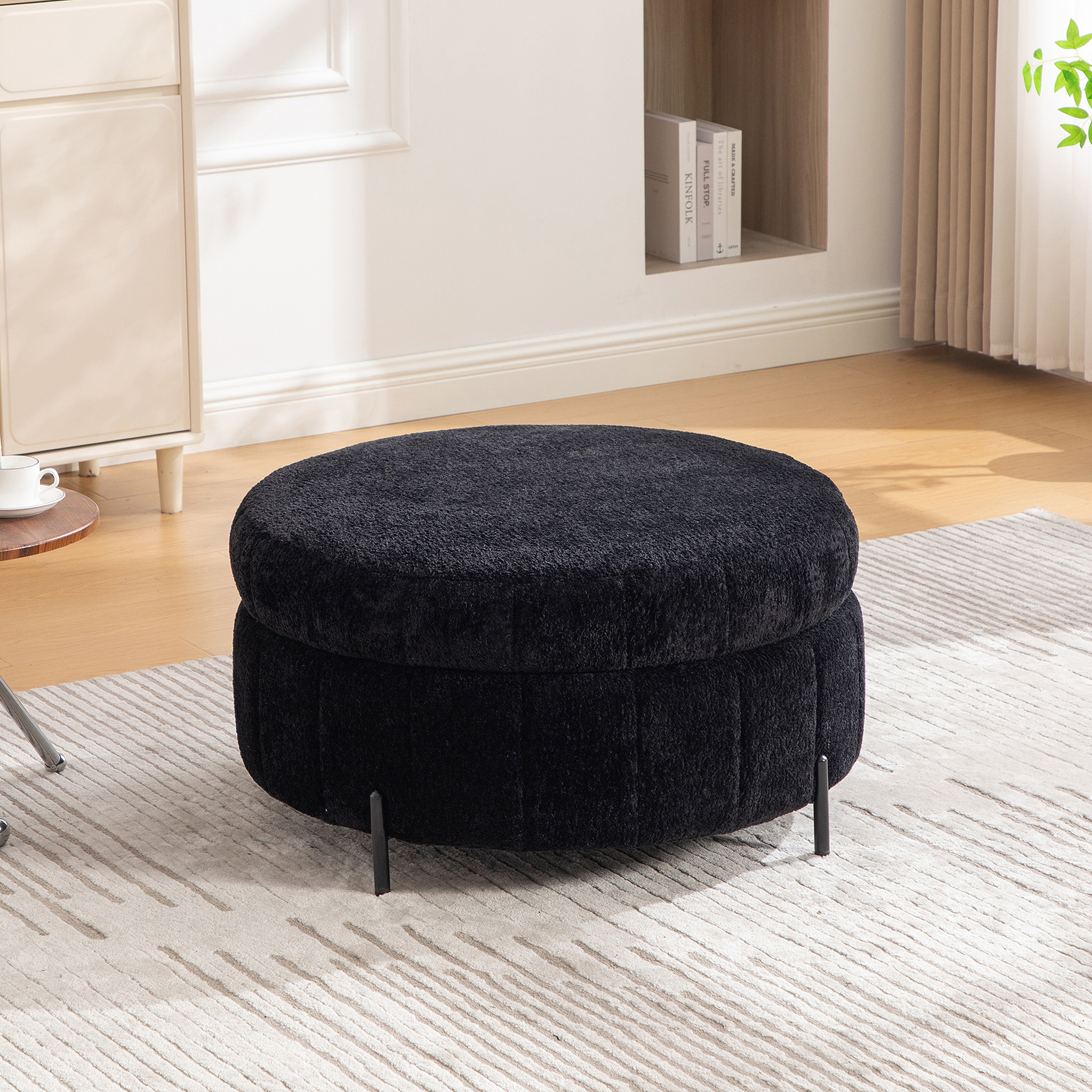 31.3″W Upholstered Round Ottoman With Reversible Lid, Chenille Storage Stool, Channel Tufted Pumpkin-shape Footstool for Living room, Bedroom and Office, Black