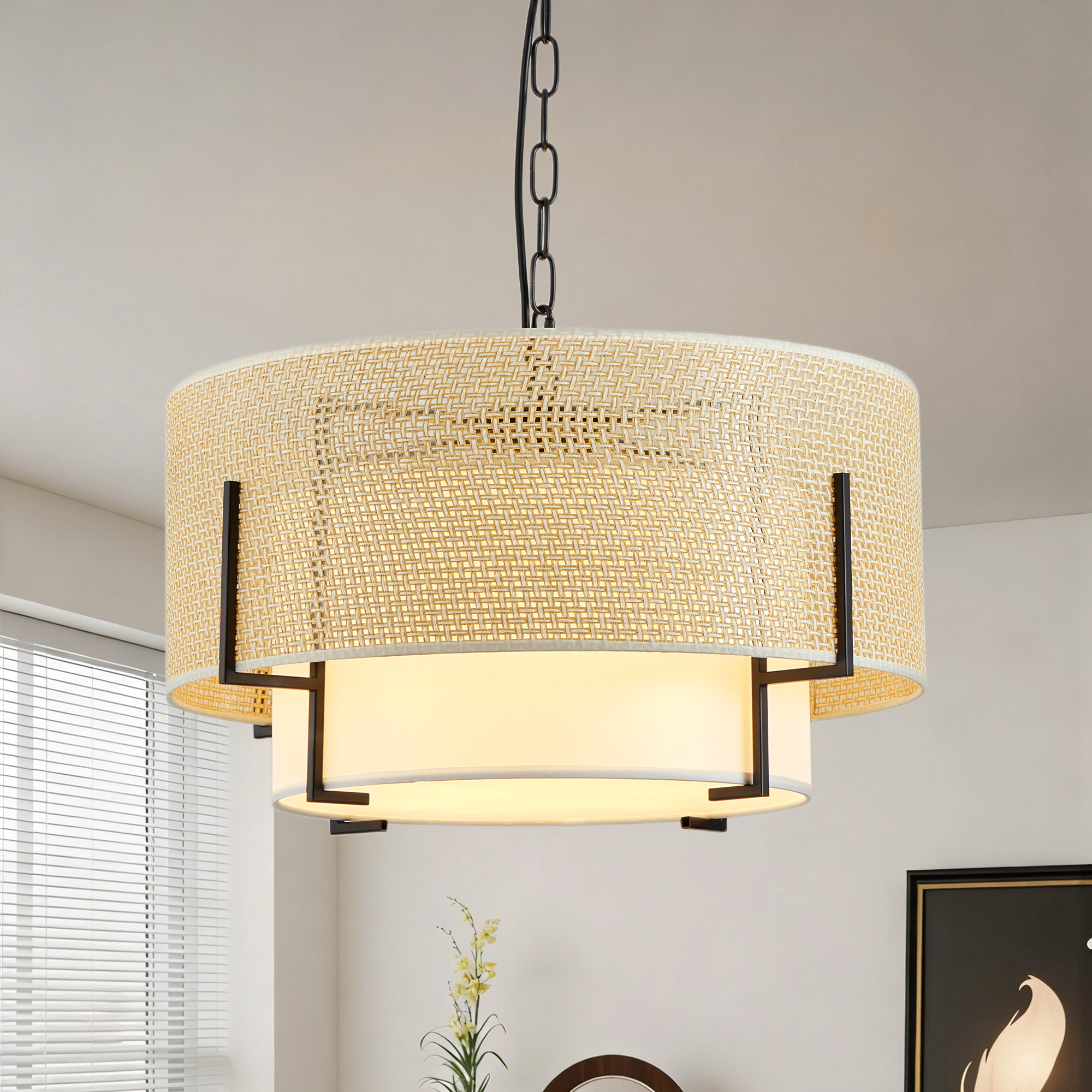 19.7”  Farmhouse Boho Chandelier,4-Light Hand Woven Rattan Pendant Light with Fabric Shade Rustic Drum Chandelier for Dining Room Kitchen Bedroom Foyer Entryway Living Room
