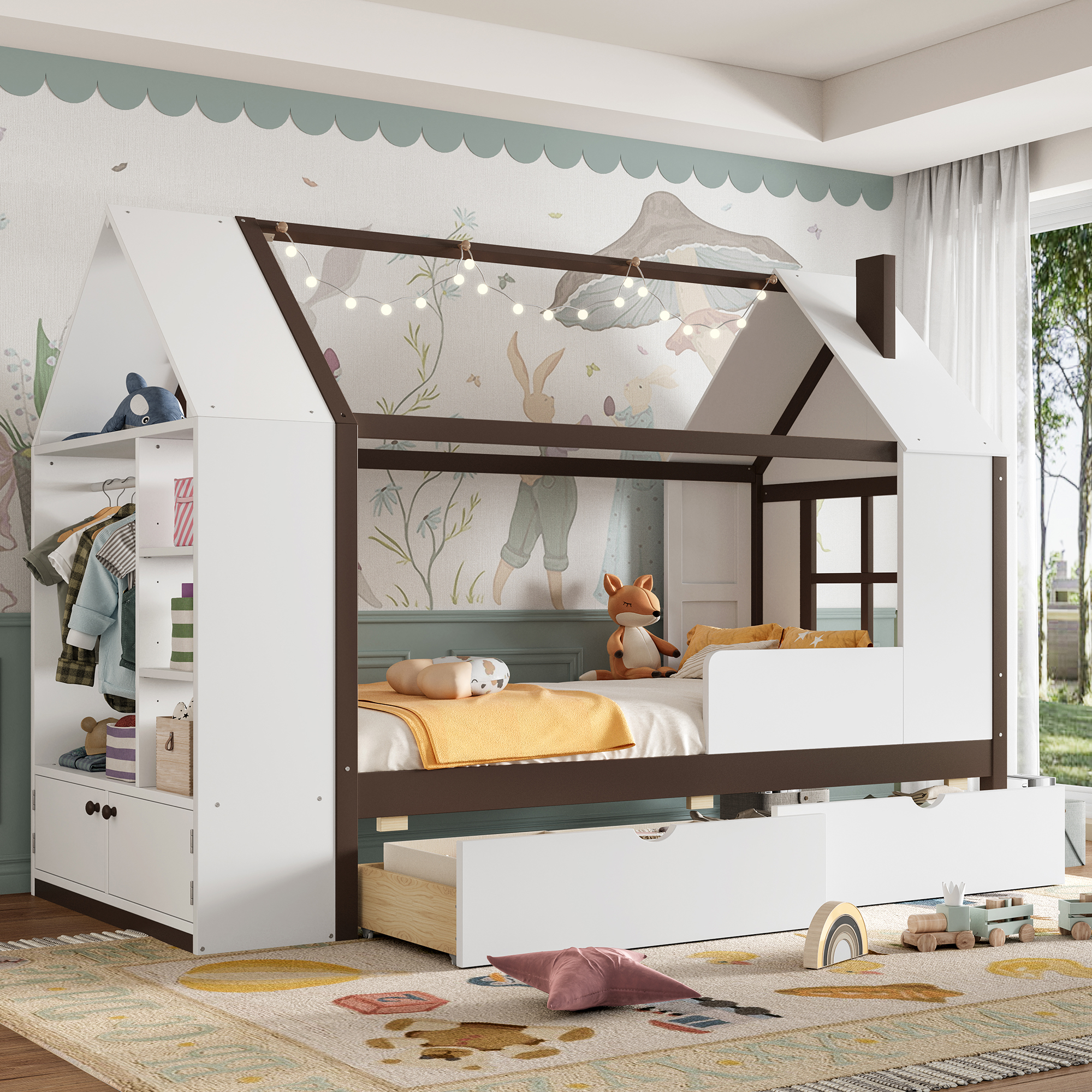 Twin Size House Platform Bed with Drawers, Solid Wood House Bed with Shelves, Childlike Design, White & Espresso