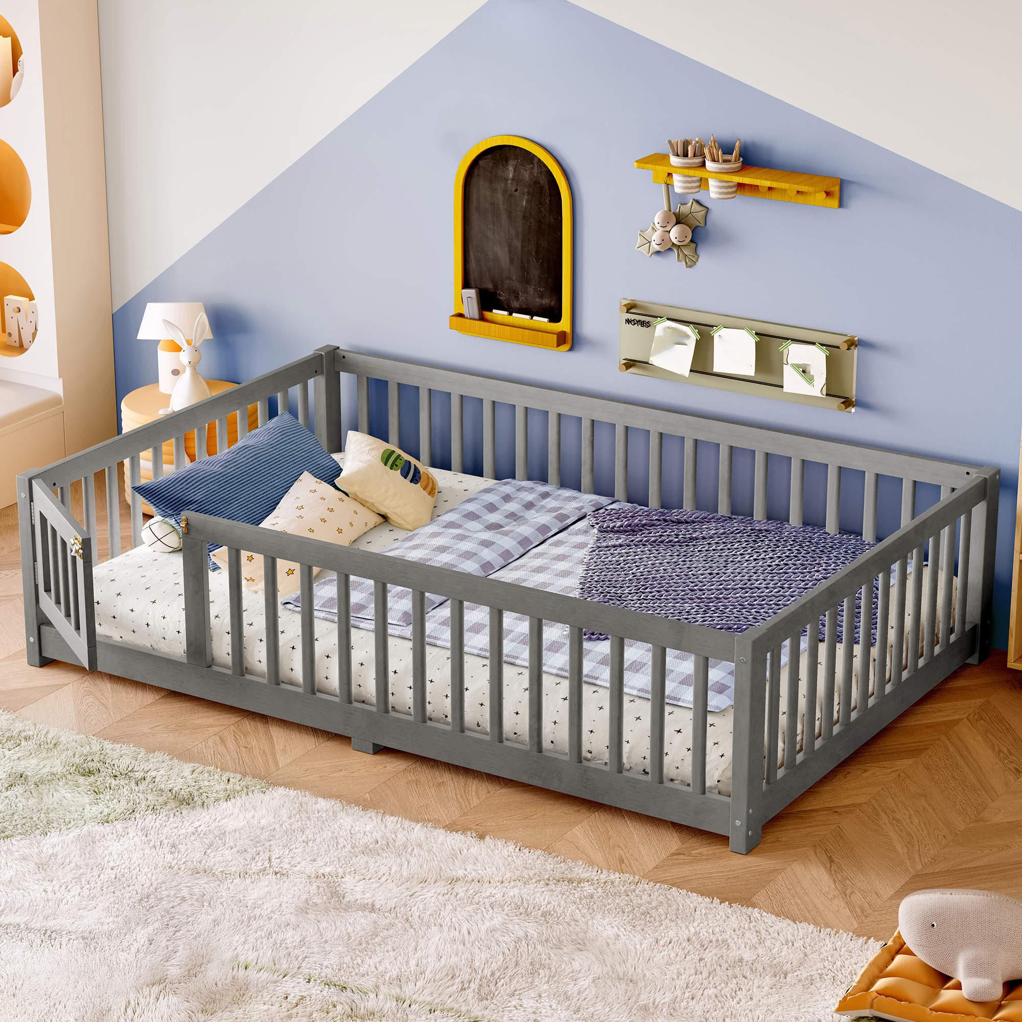 Full Size Bed Floor Bed with Safety Guardrails and Door for Kids, Wood grain gray.
