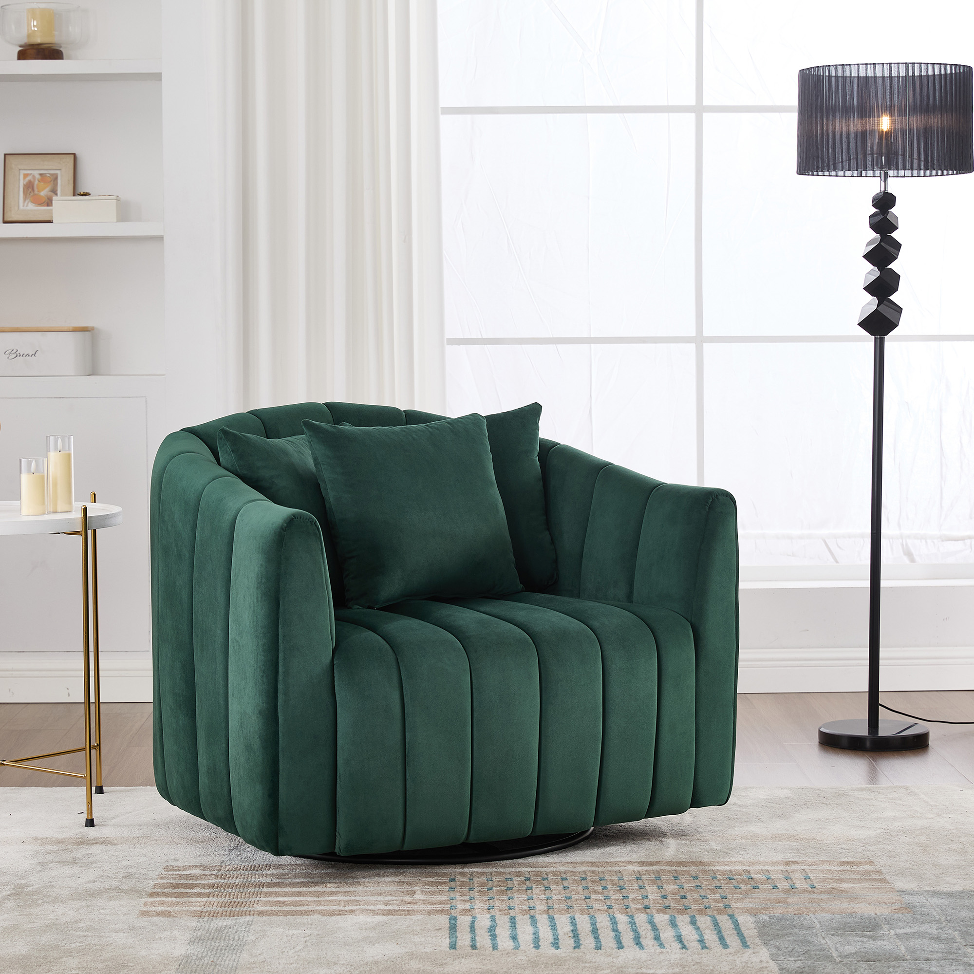39″W Upholstered Oversized 360° Swivel Accent Barrel Chair and Half Cozy Sofa with 3 Pillows, Channel Tufted Pumpkin-Shape Club Armchair for Living Room, Bedroom, Office, Lounge, Velvet Green