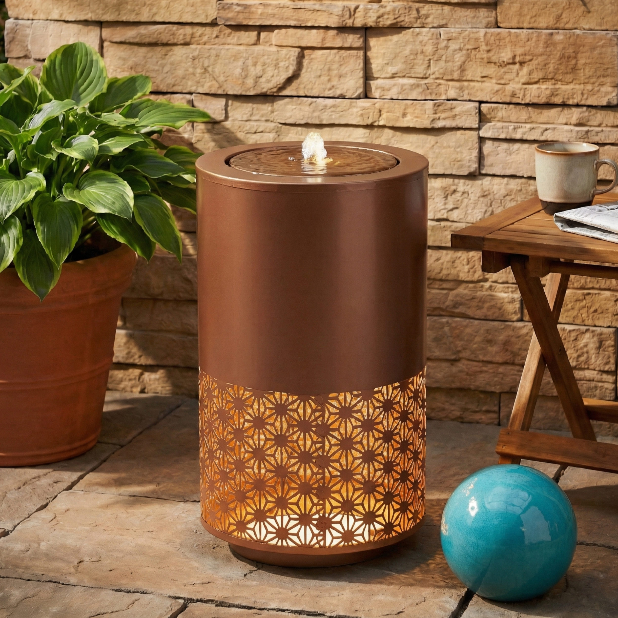 20.87″H Brown Metal Cutout Outdoor Water Fountain with LED Lights, Modern Freestanding Candle Style Water Feature for Patio Backyard Decor