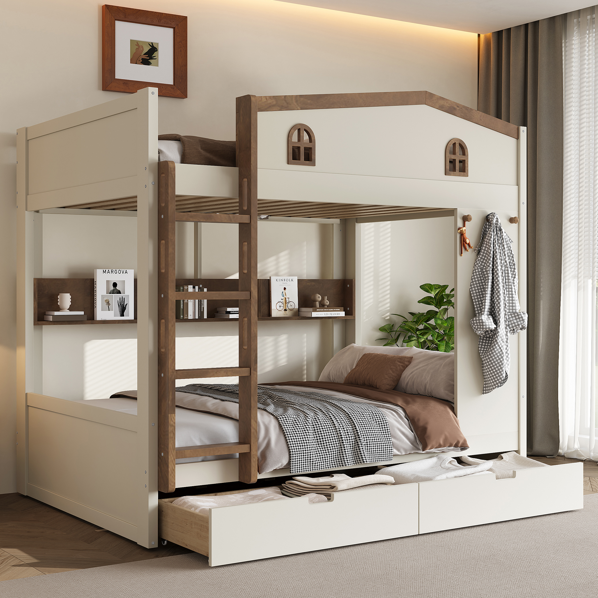 Full over Full Bunk Bed with Storage Drawers and Shelves, Solid Wood Bunk Beds with hooks, No Box Spring Needed, Beige&Natural