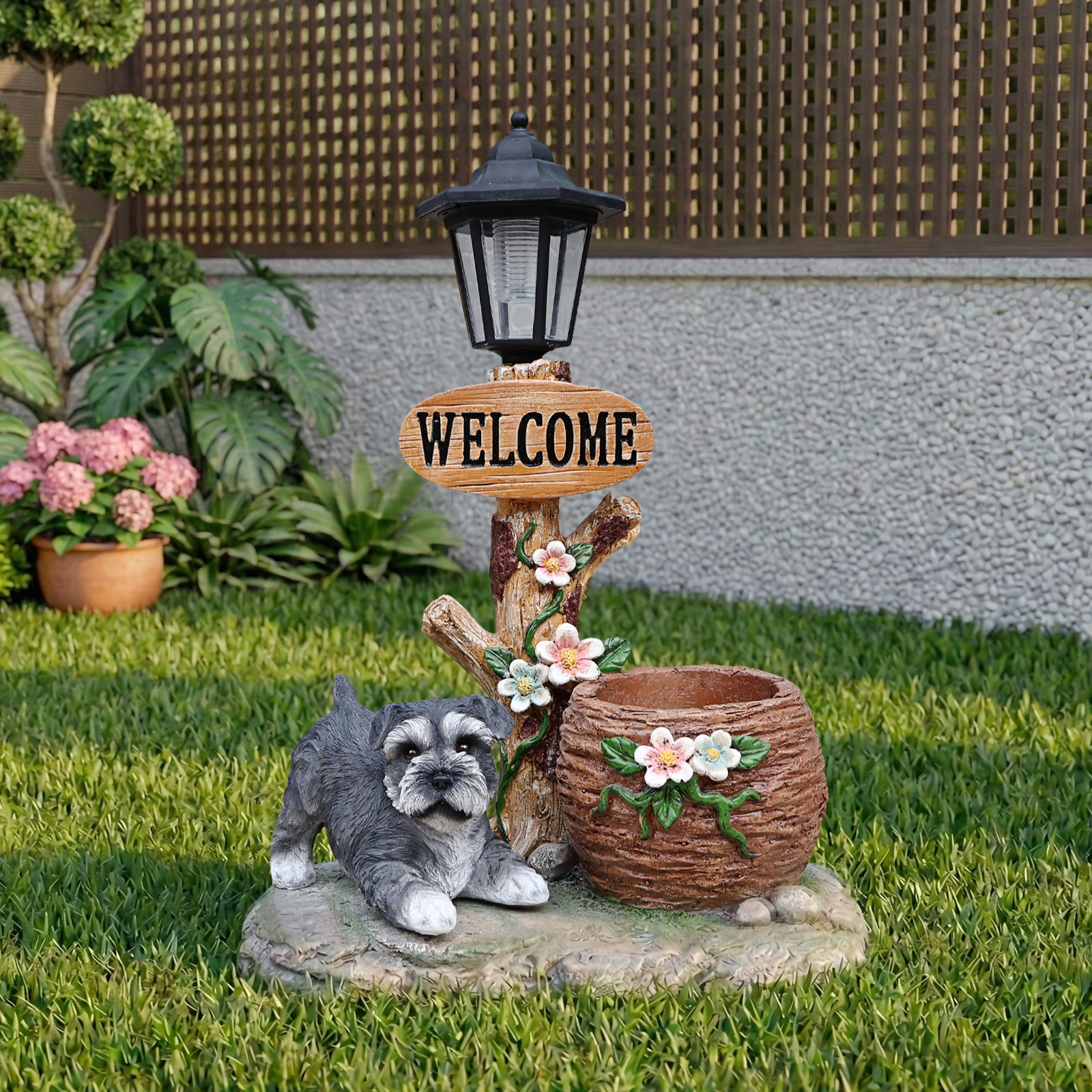 Schnauzer Dog Solar Planter Statue with LED Light