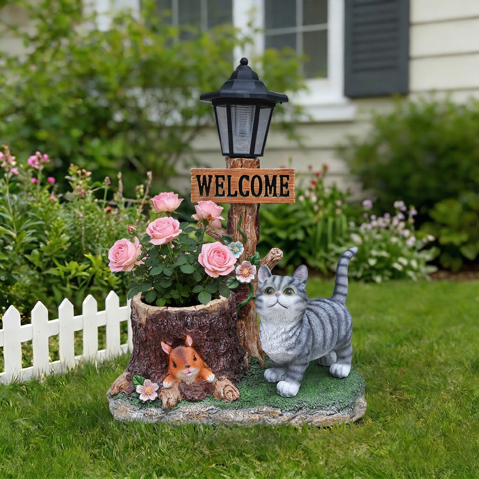 Cat Solar Planter Statue for Outdoor Decor