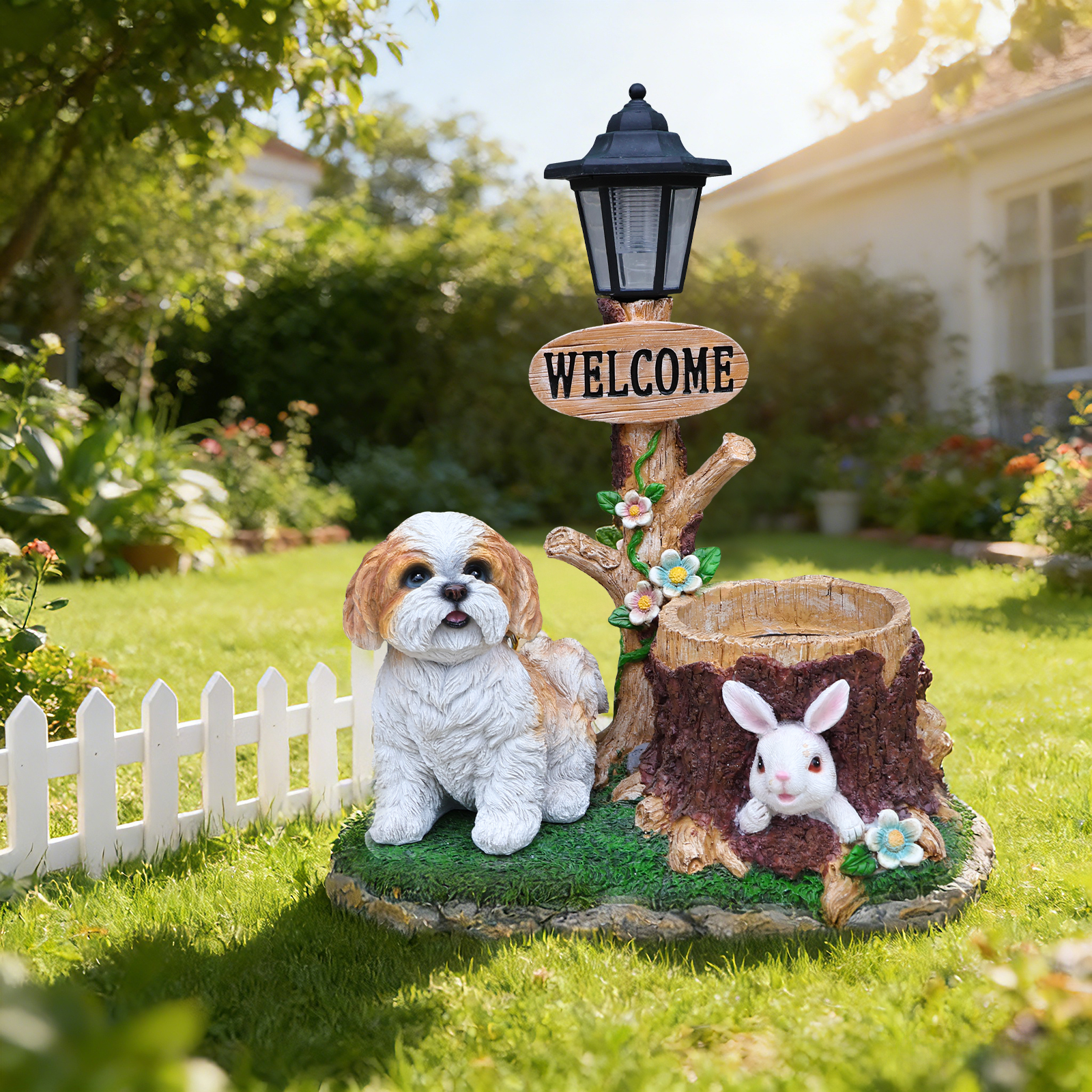 Sitting Dog Solar Lantern Planter Statue