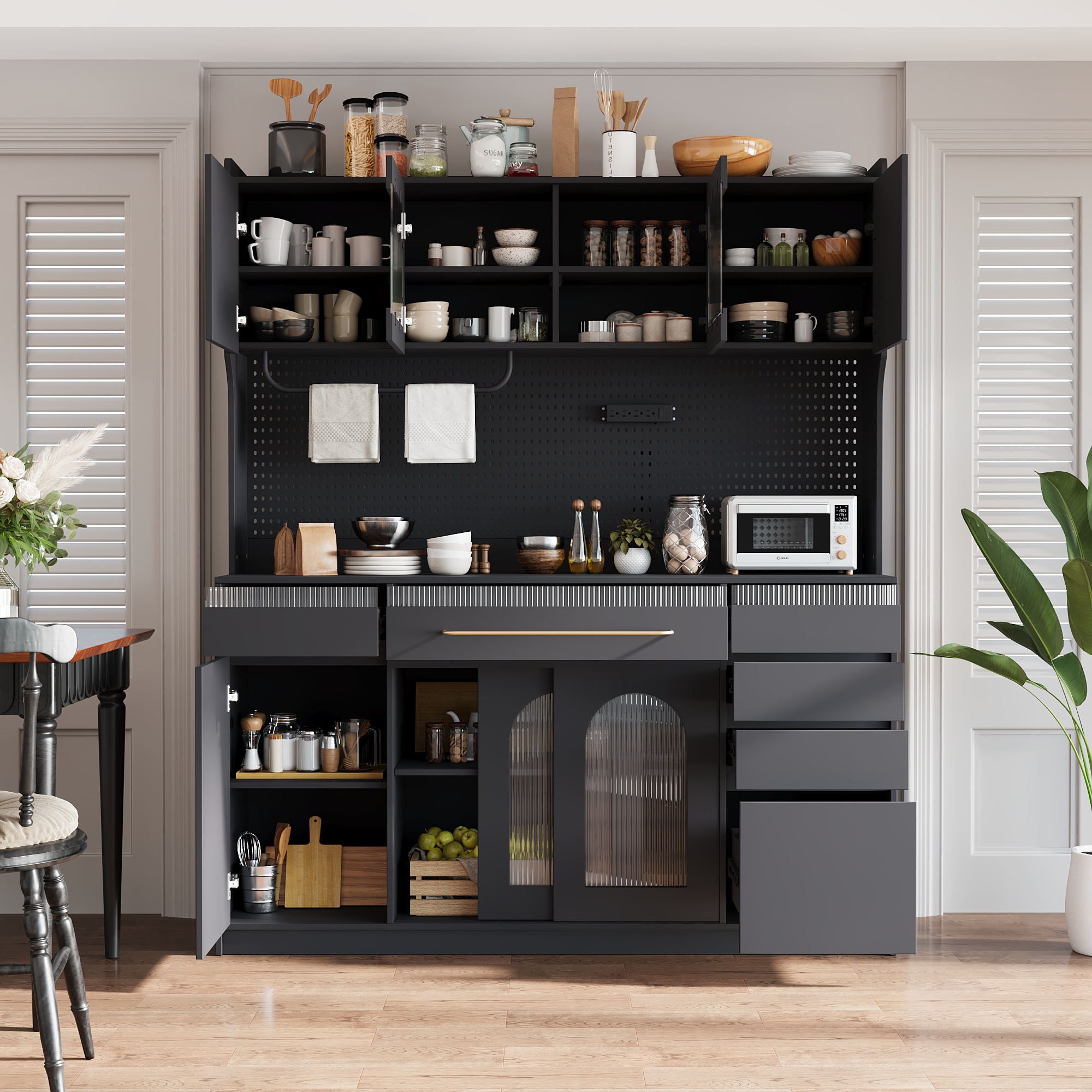 (Assembly Video;Old:SP000079) TOPMAX Freestanding 63” W Buffet with Hutch, Large Coffee Bar Storage Cabinet with 6 Drawers, 5 Cabinets with Adjustable Shelves,Pegboard,Towel Rack, Power Outlet,Black