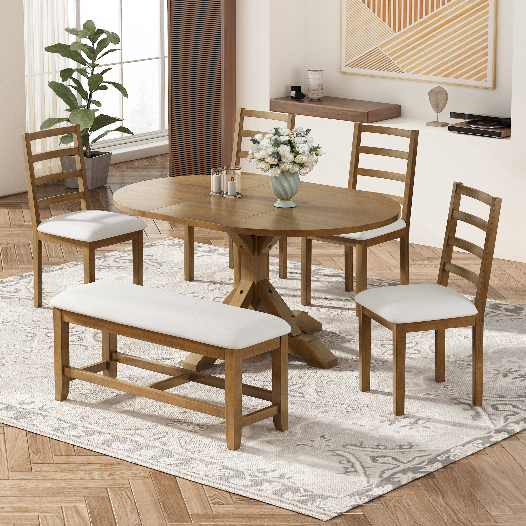 TOPMAX Farmhouse 6-Piece 60inch Extendable Pedestal Dining Table Set with 18inch Removable Leaf, 44inch Bench and 4 Ladder Back Dining Chairs, Dark Brown+Beige(OLD SKU:SP000060AAD)