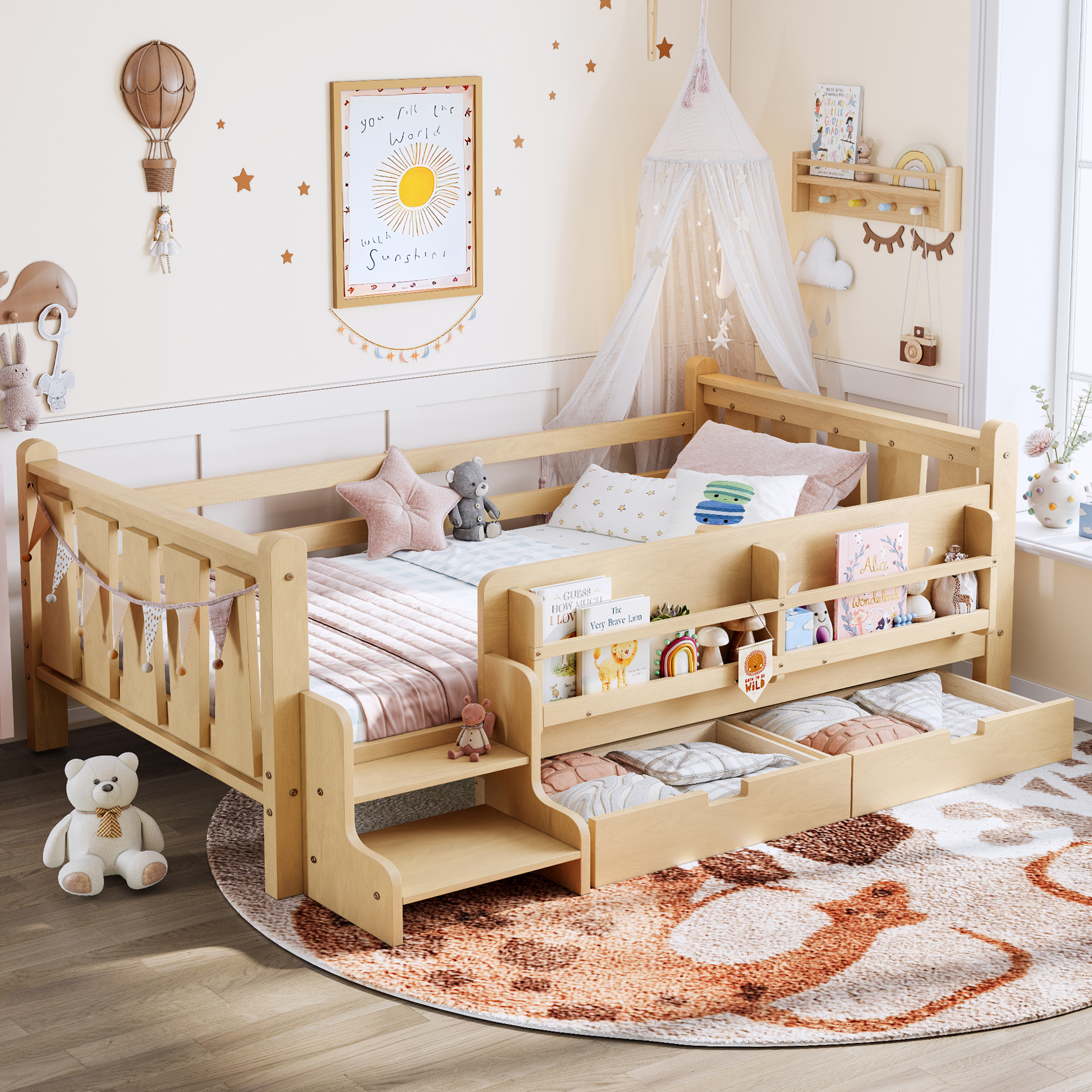 Twin Size Floor Bed with Storage Bookcases and Drawers, Solid Wood Kids Floor Bed with Cute Stairs and Guardrails, No Box Spring Needed, Light Natural
