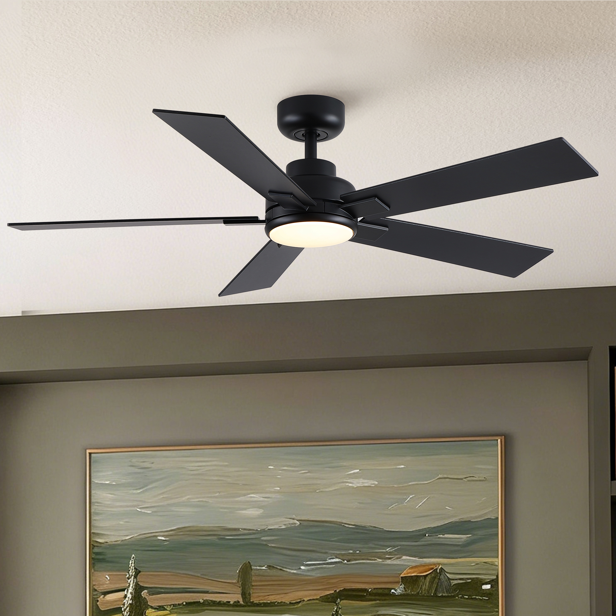 52″ Matte Black Modern Reversible Motor Integrated LED Dimmable Ceiling Fan with Light and Remote
