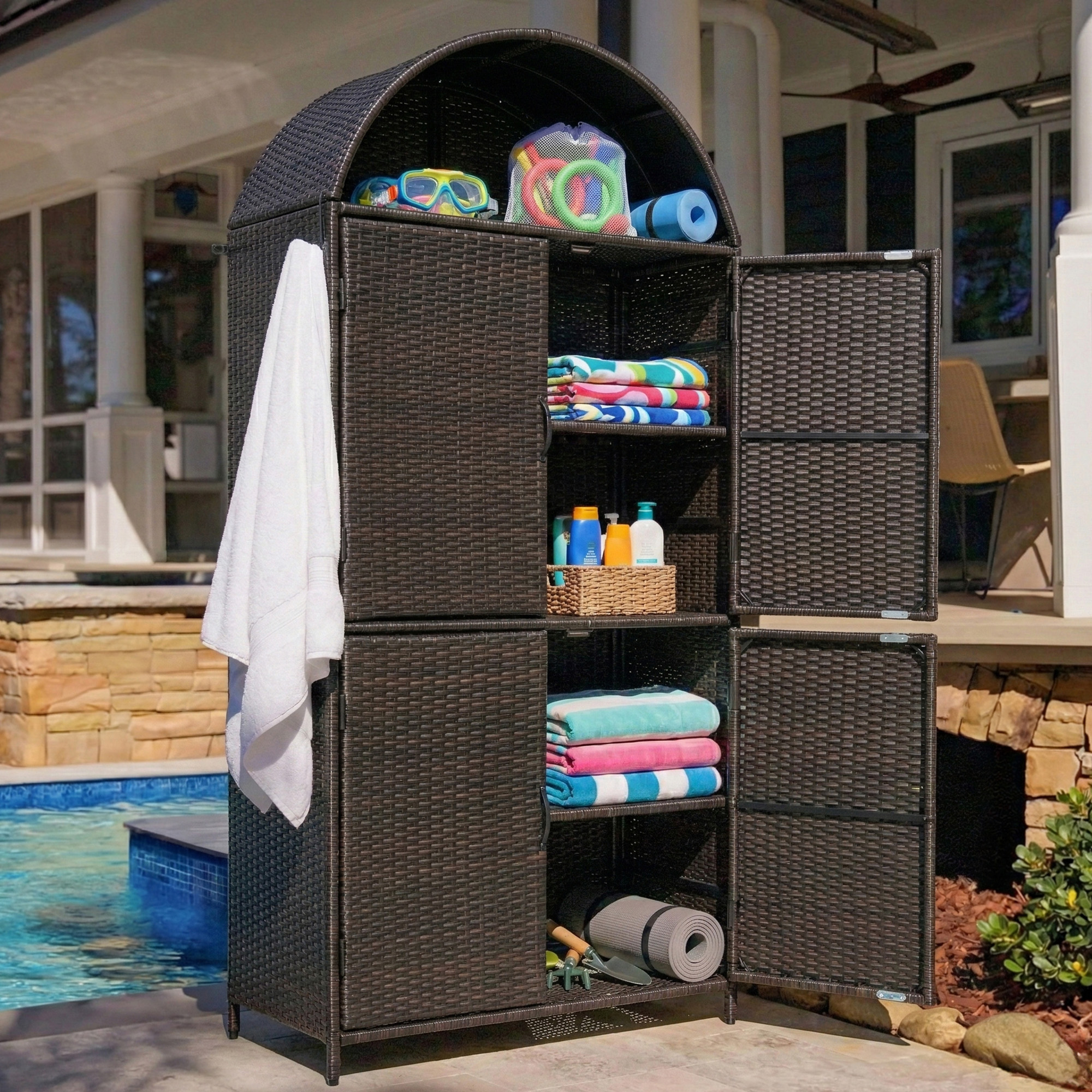 K&K 72″ Tall Arched Wicker Outdoor Storage Cabinet with Shelves, 4-Door Outdoor Rattan Vertical Storage Shed with Adjustable Shelves, Outdoor Towel Holder for Garden, Backyard, Pool, Brown & Black