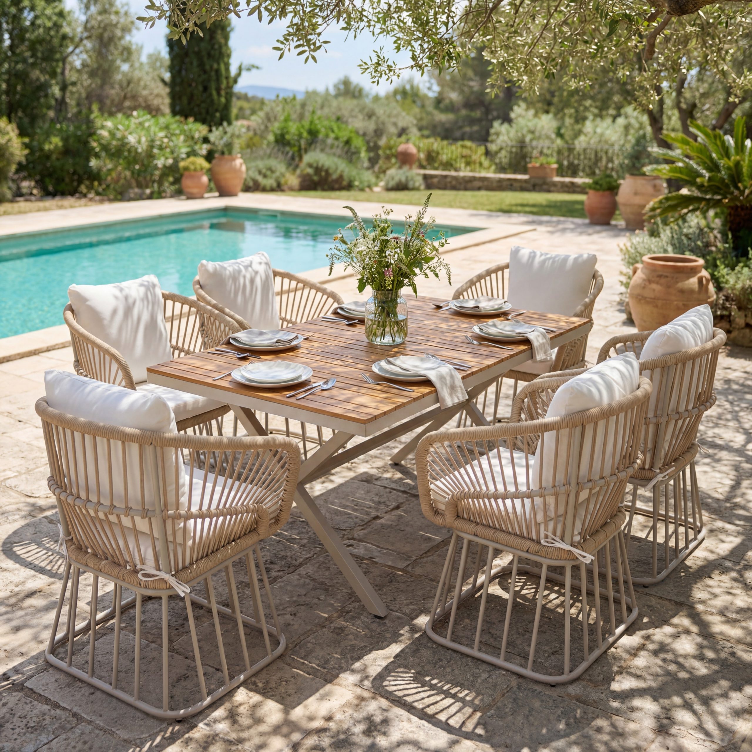 Outdoor 7-Piece Dining Set – Rectangular Teak Wood Table + 6 Wicker Chairs with Cushions, Beige Steel Frame, Teak Finish, Perfect for Patio, Deck, or Garden