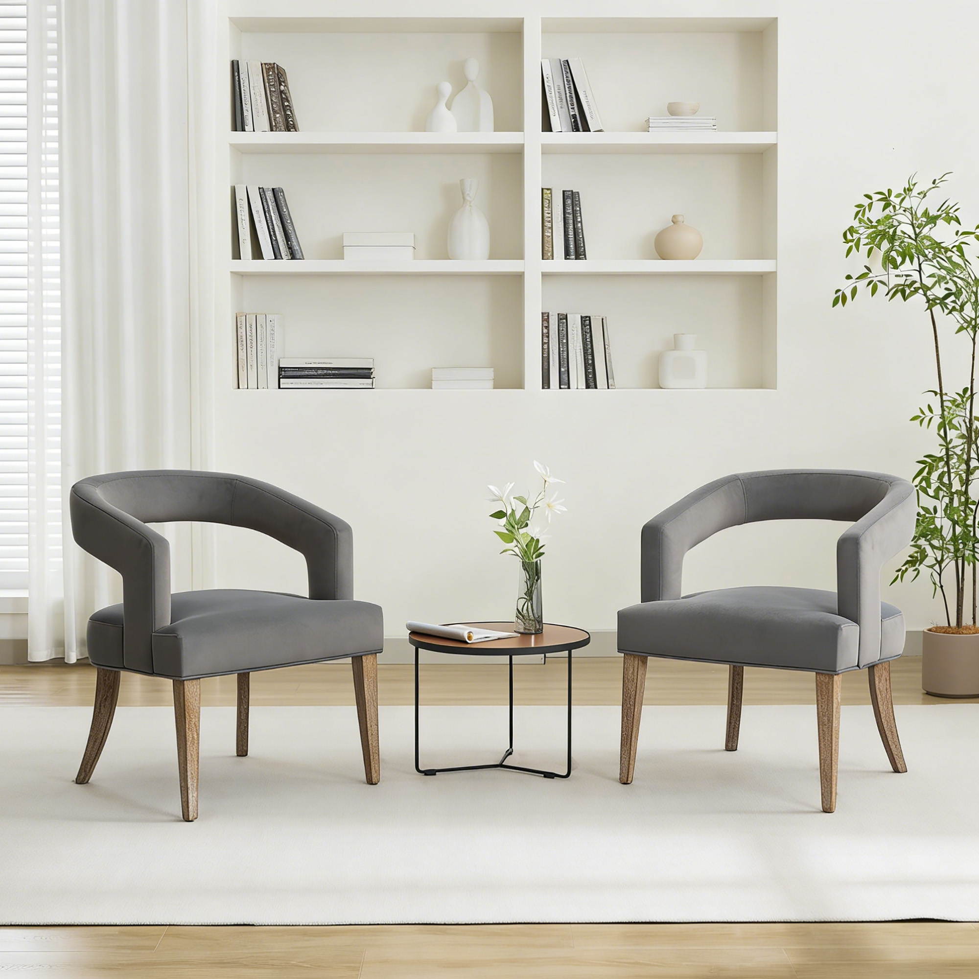25.79″ Wide Modern Barrel Open Back Upholstered Velvet Accent Chair Set Of 2 with Weathered Solid Wood Legs Club Dining Chairs for Dining Room, Club, Kitchen and Living Room. Gray
