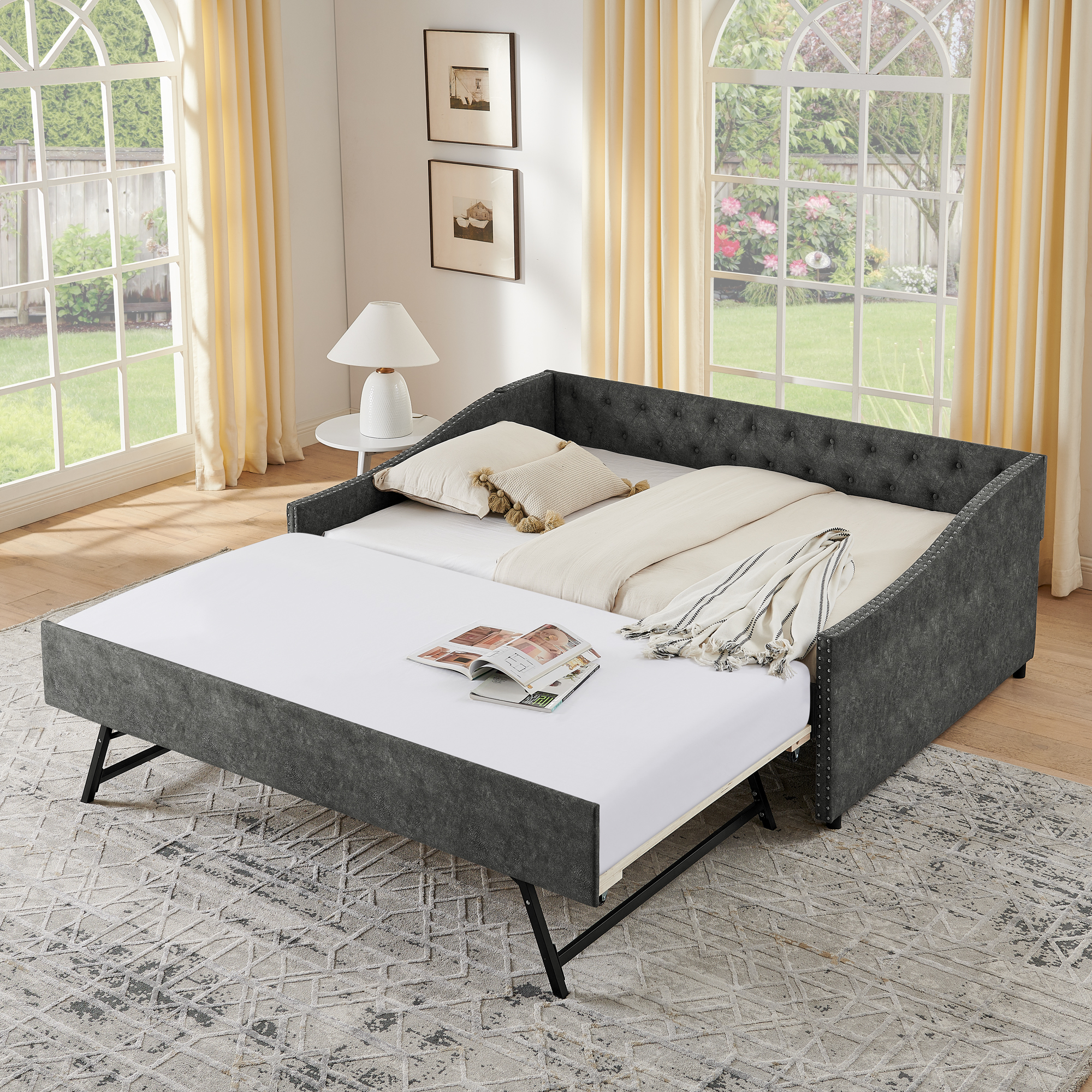 Full Size Daybed with USB Charging & Twin Size Pull-out Extendable Bed, with Button on Back and Copper Nail on Waved Shape Arms