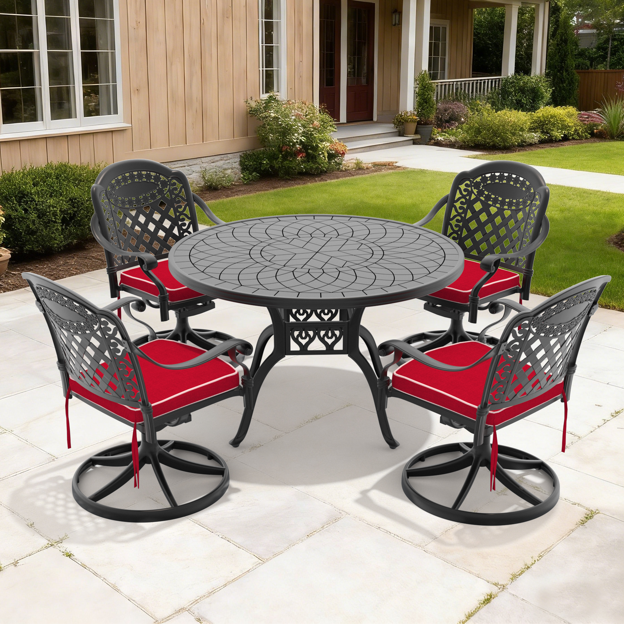 5-Piece All-Weather Cast Aluminum Dining Set, Include 4 Swivel Chairs and 47.24″ Round Table With Black Frame