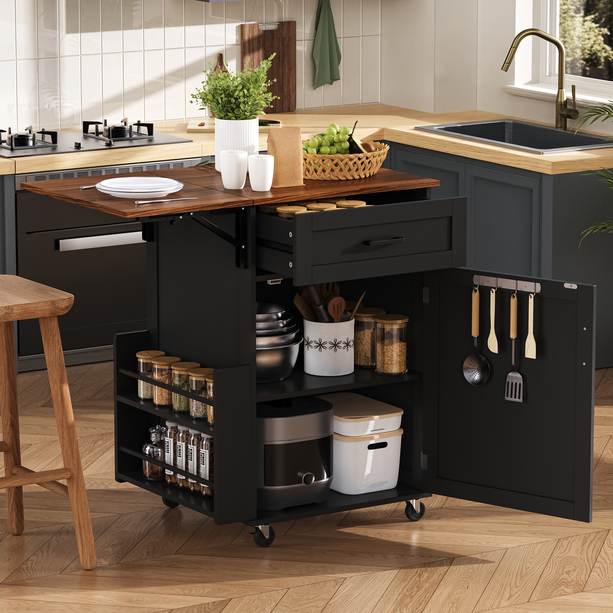 K&K 39.3″ Farmhouse Kitchen Island with Drop Leaf, Kitchen Storage Island with Open Side Rack, One Drawer, Towel Rack, Rolling Kitchen Cart with Lockable Wheels for Lawn Garden, Black